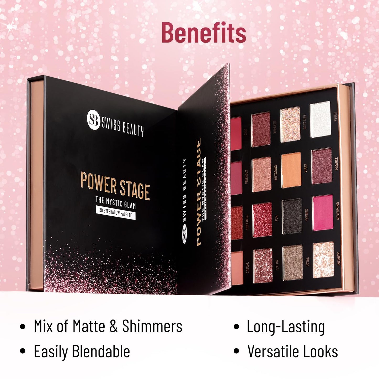 Swiss Beauty Power Stage Eyeshadow Palette with 20 pigmented shades | Blend of Matte and shimmers eye makeup palette | Shade- Mystic Glam, 25g