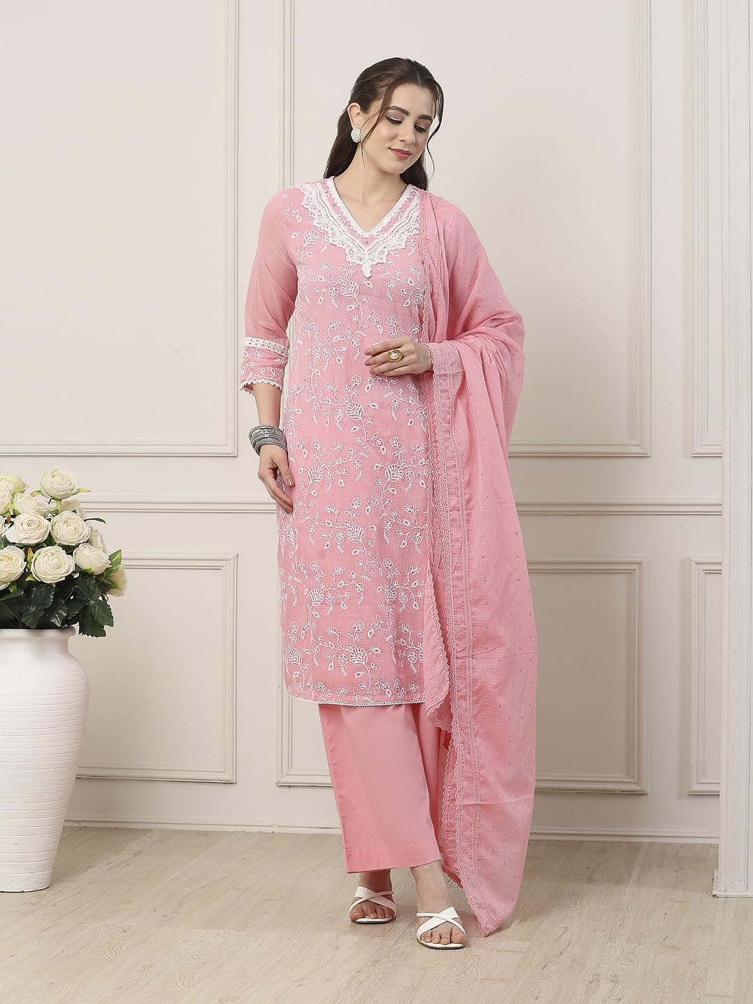 Biba Women Pink Cotton Straight Suit Set_34
