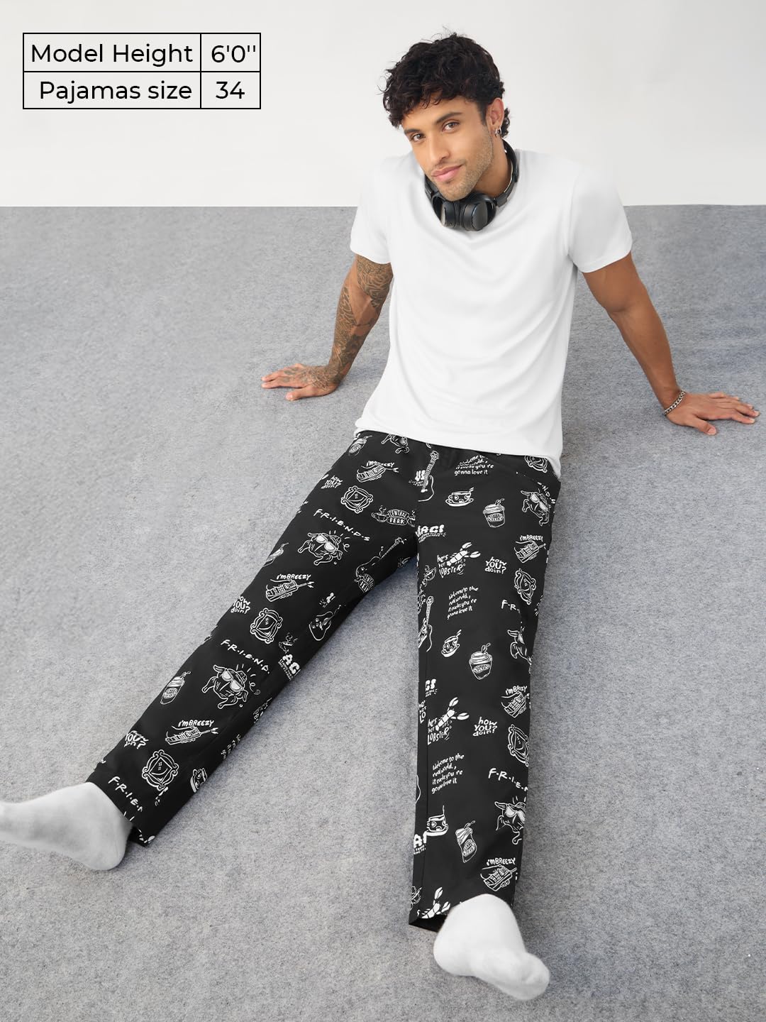 The Souled Store FRIENDS: Doodle Men and Boys Drawstring Waist Black All Over Printed Cotton Regular Fit Lightweight All-Season Lounge Pyjamas