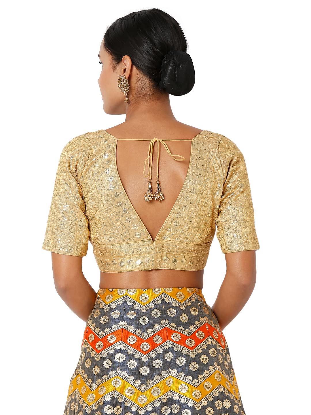 S SALWAR STUDIO Women's Dark Gold Tissue Embroidered Readymade Saree Blouse-SSB4201-DAGO