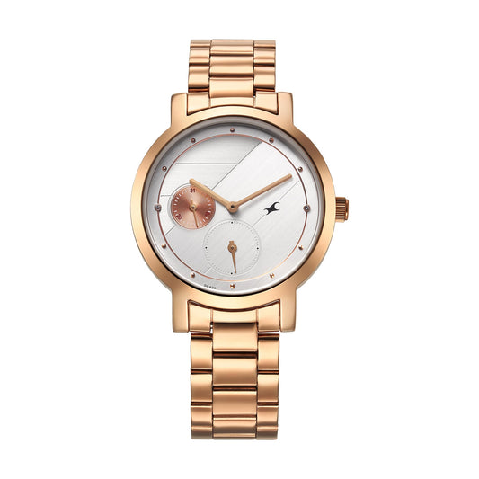 Fastrack Tick Tock Quartz Multifunction Silver Dial Rose Gold Stainless Steel Strap Watch for Girls - NT6225WM01