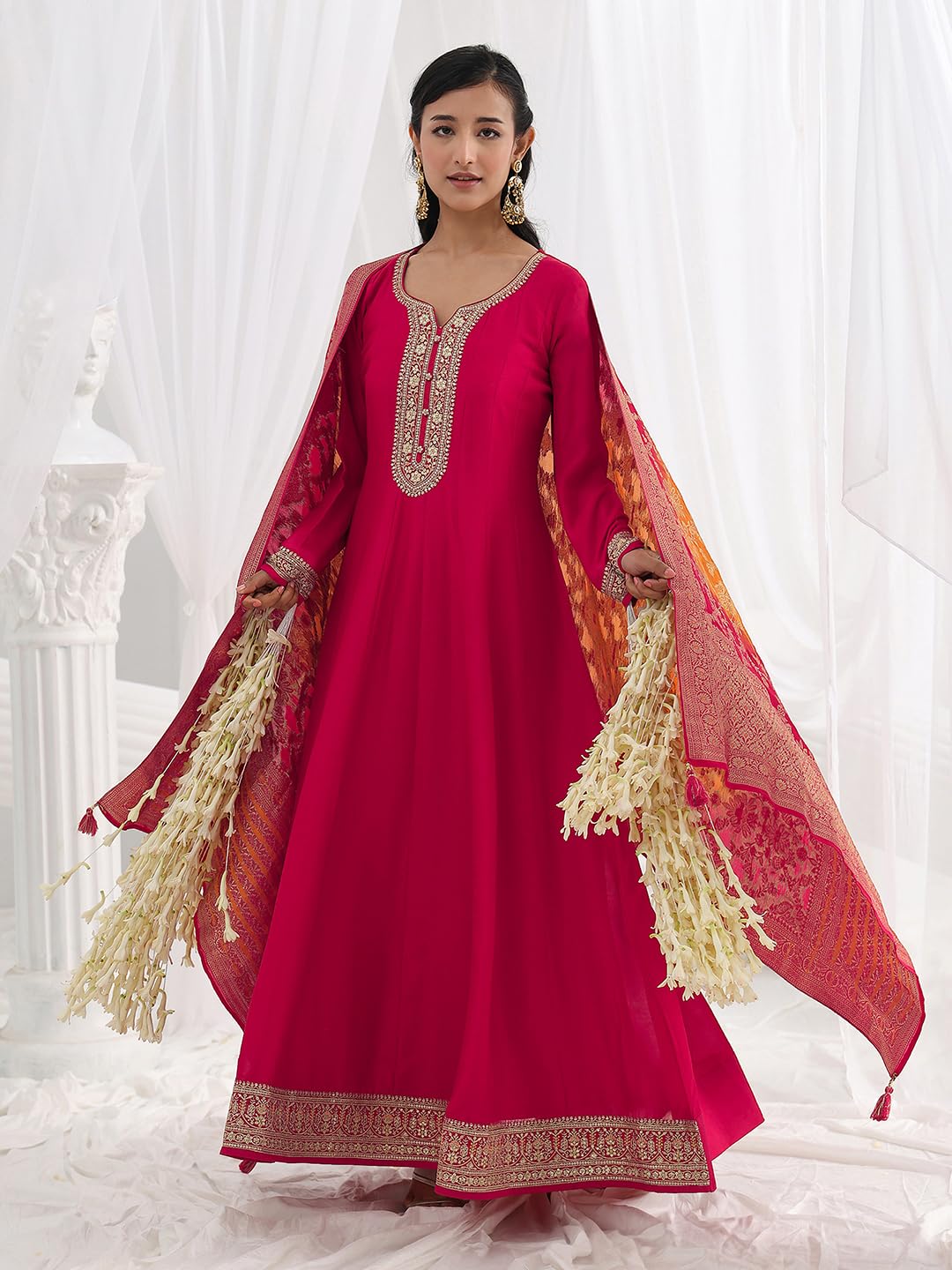 Libas Embroidered Silk Blend A-Line Ethnic Dress with Dupatta-93607M