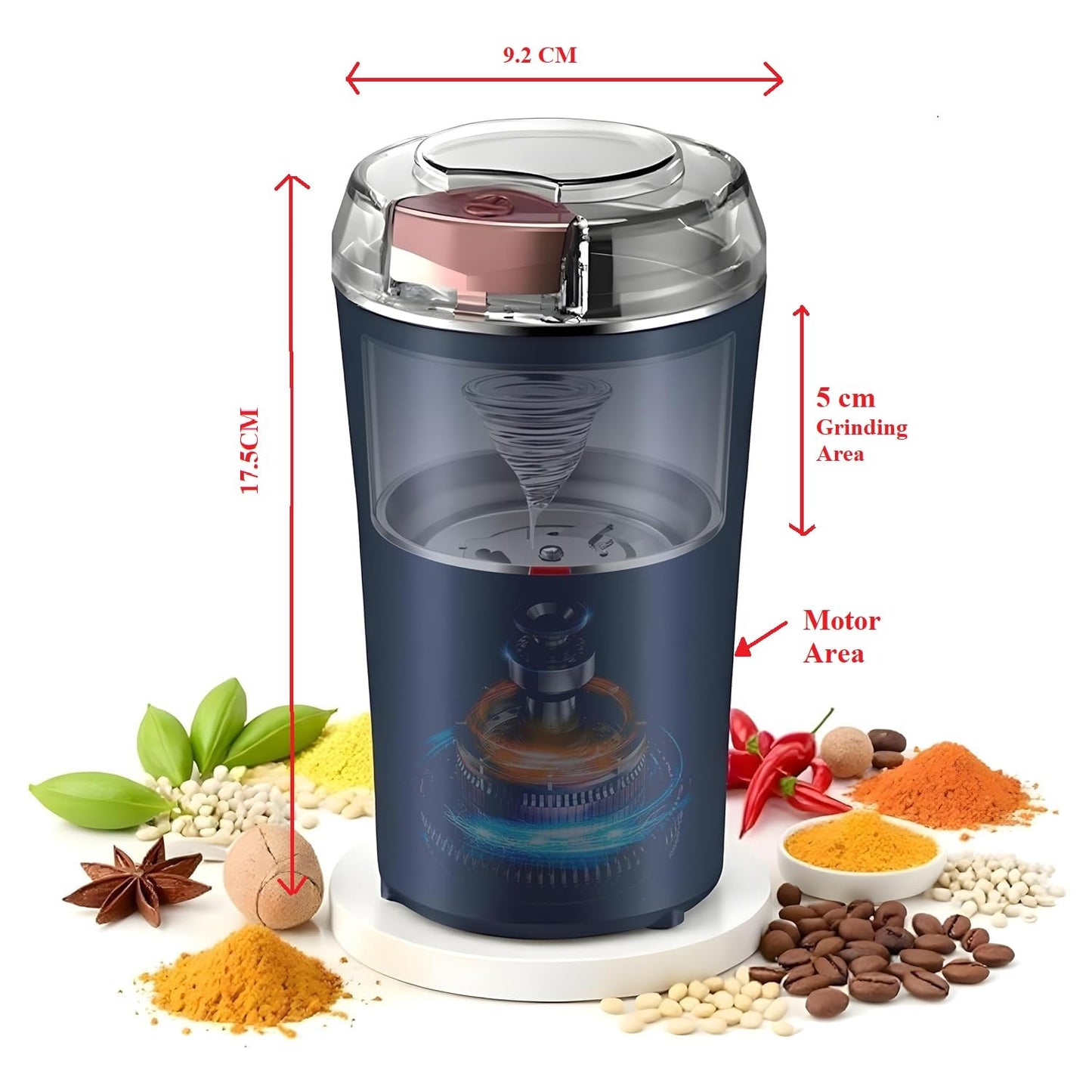 QONETIC 4-Blade Electric Coffee & Spice Grinder – Stainless Steel Portable Mixer for Masala, Herbs, Dry Spices & Nuts – Push Button Control, Compact & Durable for Home Kitchen