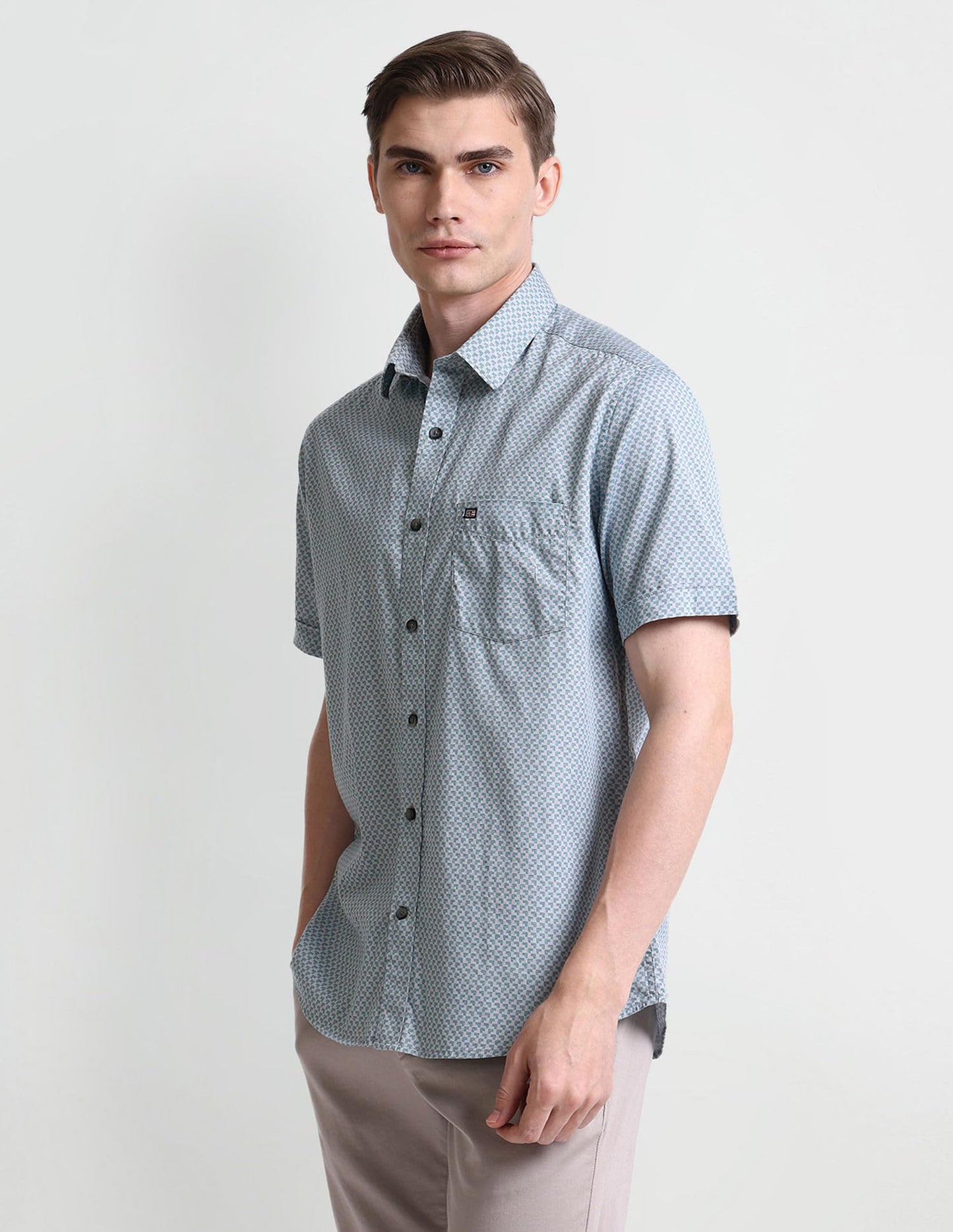 Arrow Men Cotton Geometric Regular Fit Shirt (ASAISH1644_Teal, 42)