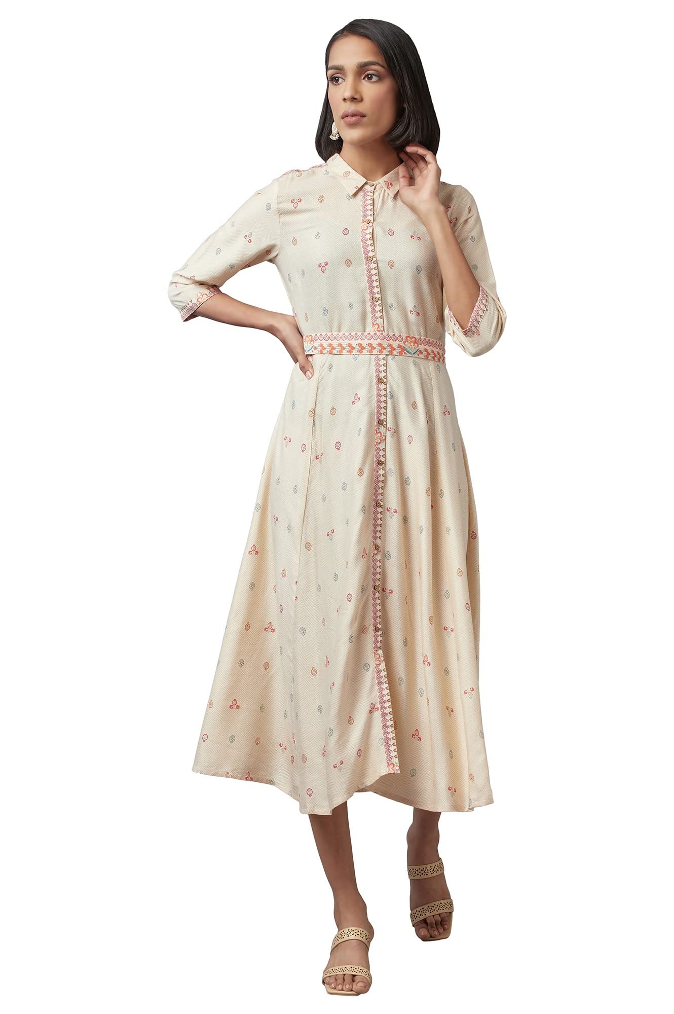 W for Woman Women's Rayon Ecru Shirt Collar Dress Midi (22FEW16068-116564 L)