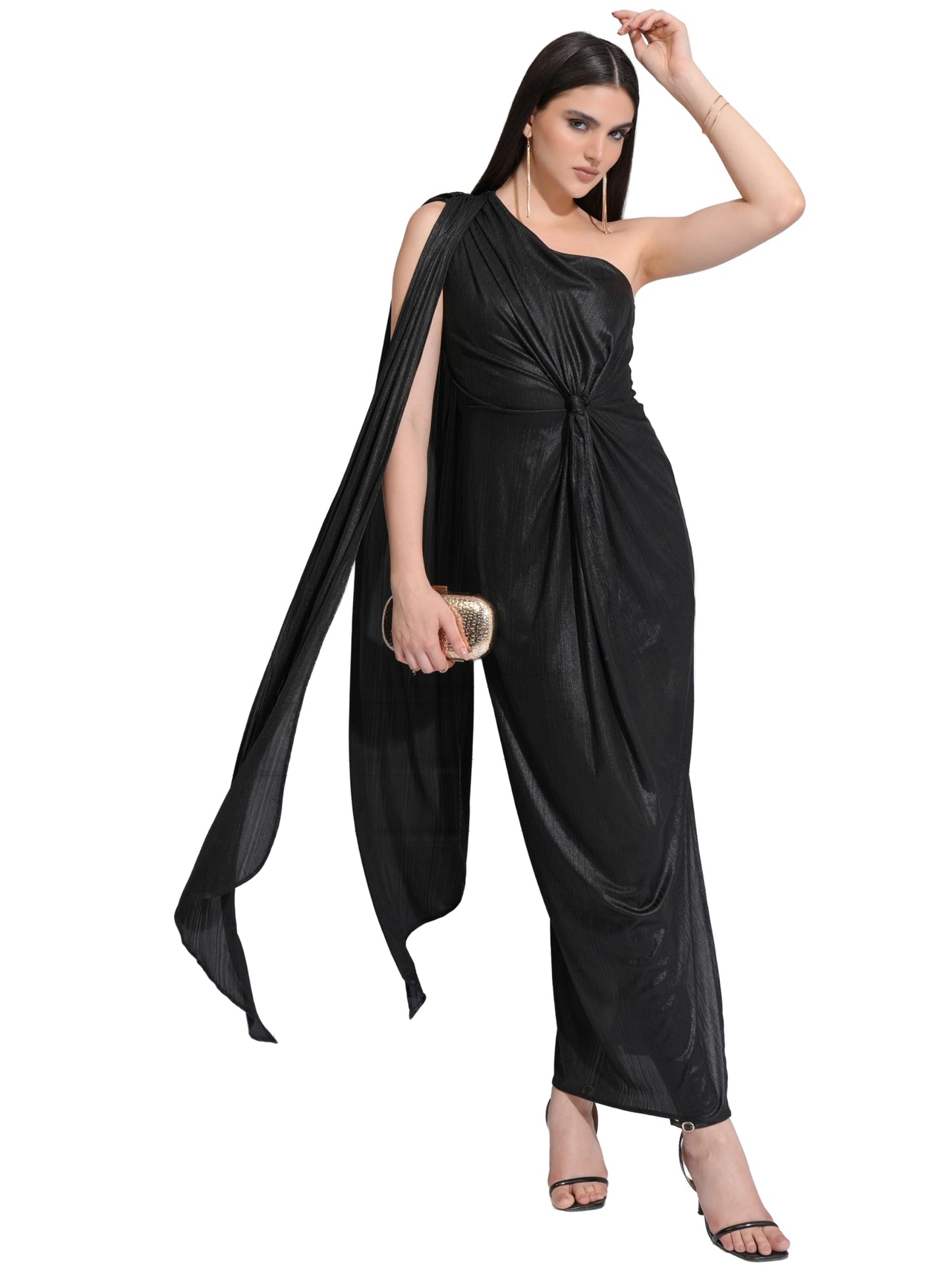 Tokyo Talkies Women Solid Metallic Sheen Drapped Maxi Dress