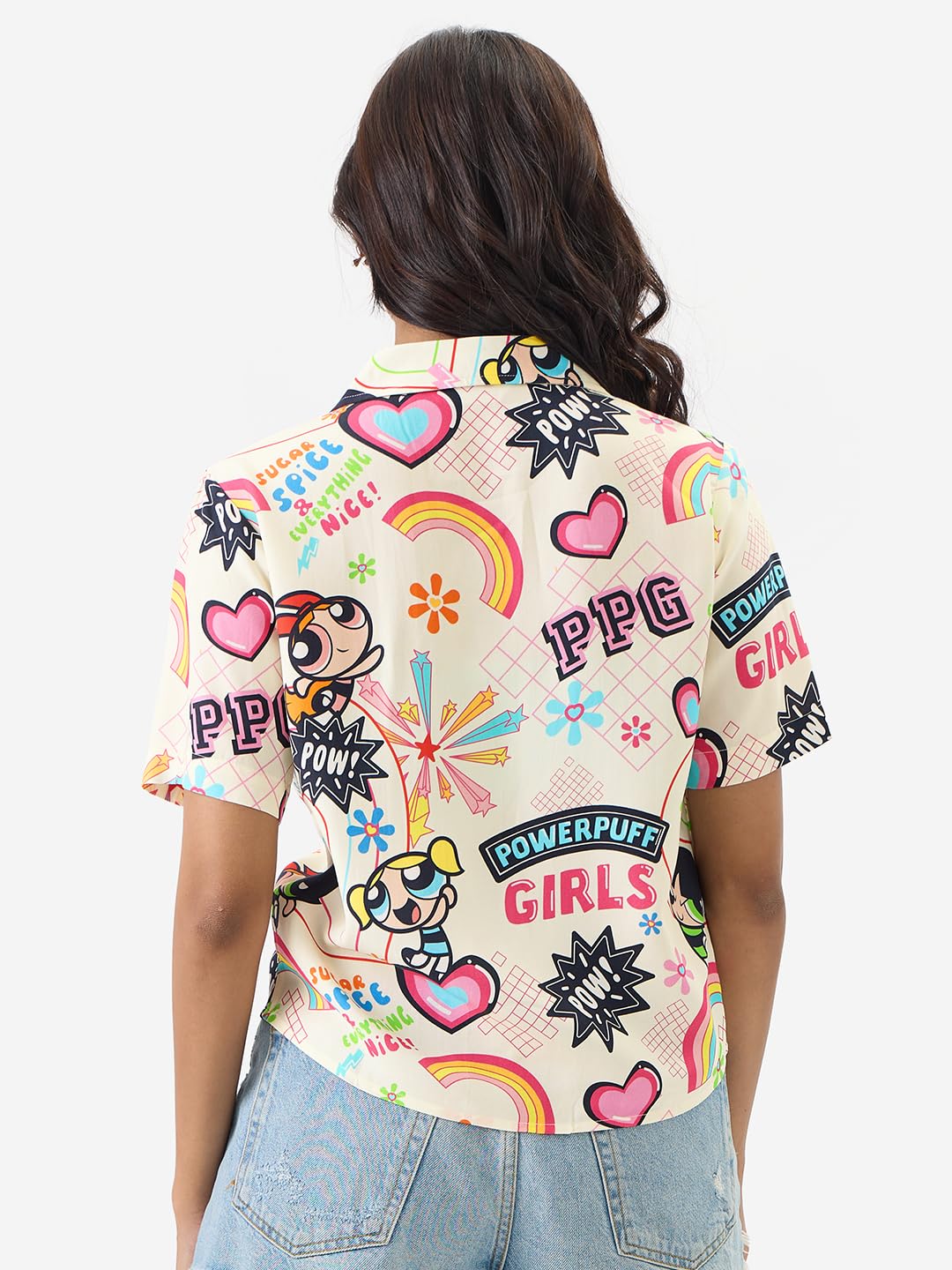 The Souled Store Official Powerpuff Girls: Sugar & Spice Women and Girls Short Sleeve Collared Neck Button Front Multicolor All Over Print Regular Fit Rayon Summer Shirts