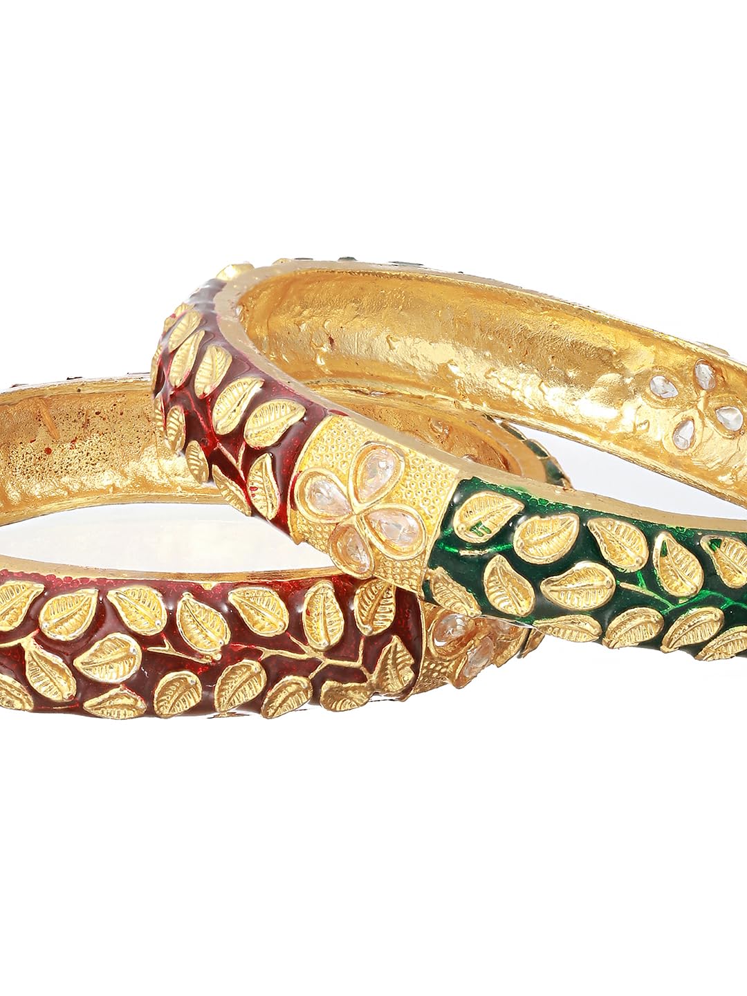 Priyaasi Red & Green Studded Leaf Meenakari Gold-Plated Bangle Set of 2 for Women
