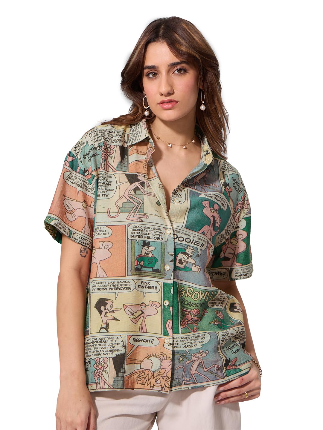 The Souled Store Pink Panther: Comics Women and Girls Short Sleeves Collared Neck Button Front Multicolour All Over Printed Viscose Blend Regular Fit Holiday Shirts
