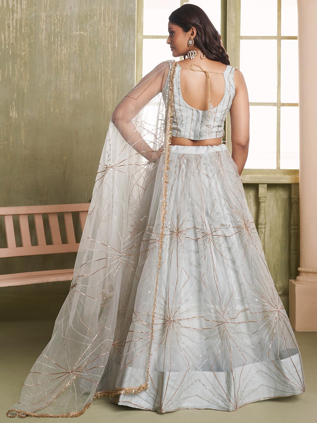 Zeel Clothing Women's Net Semi-Stitched Thread Sequins Work Embroidery Soft Lehenga Choli with Dupatta (NFH-2207-Light-Grey--Lehenga-Choli-Latest; Free Size)