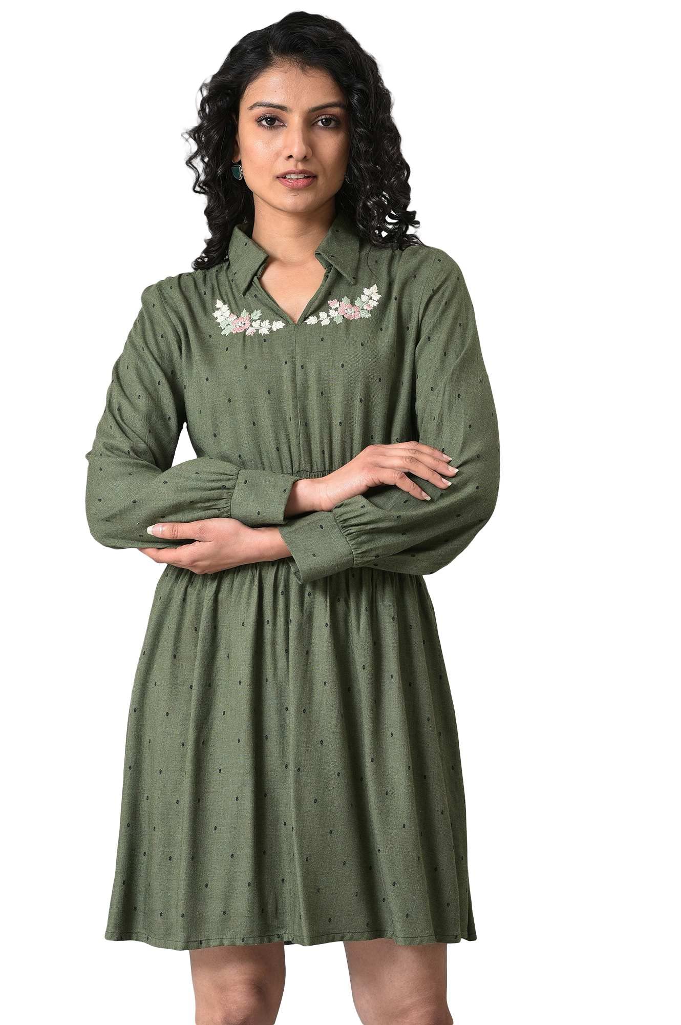 W for Woman Women's Viscose Olive Green Hand Embroidered Short Dress Above The Knee (22AUW31166-830180 10)