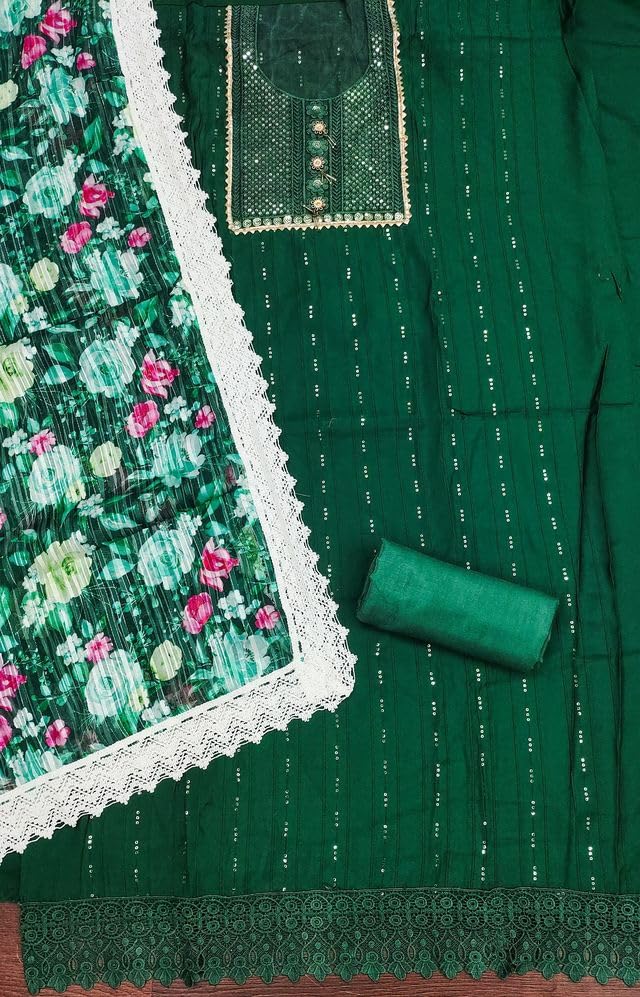 VARNI FABRICS Roman Silk Dress Material for Women Embellished Unstitched Woman Salwar Suit Dress Material with Georgette Dupatta Emerald Green
