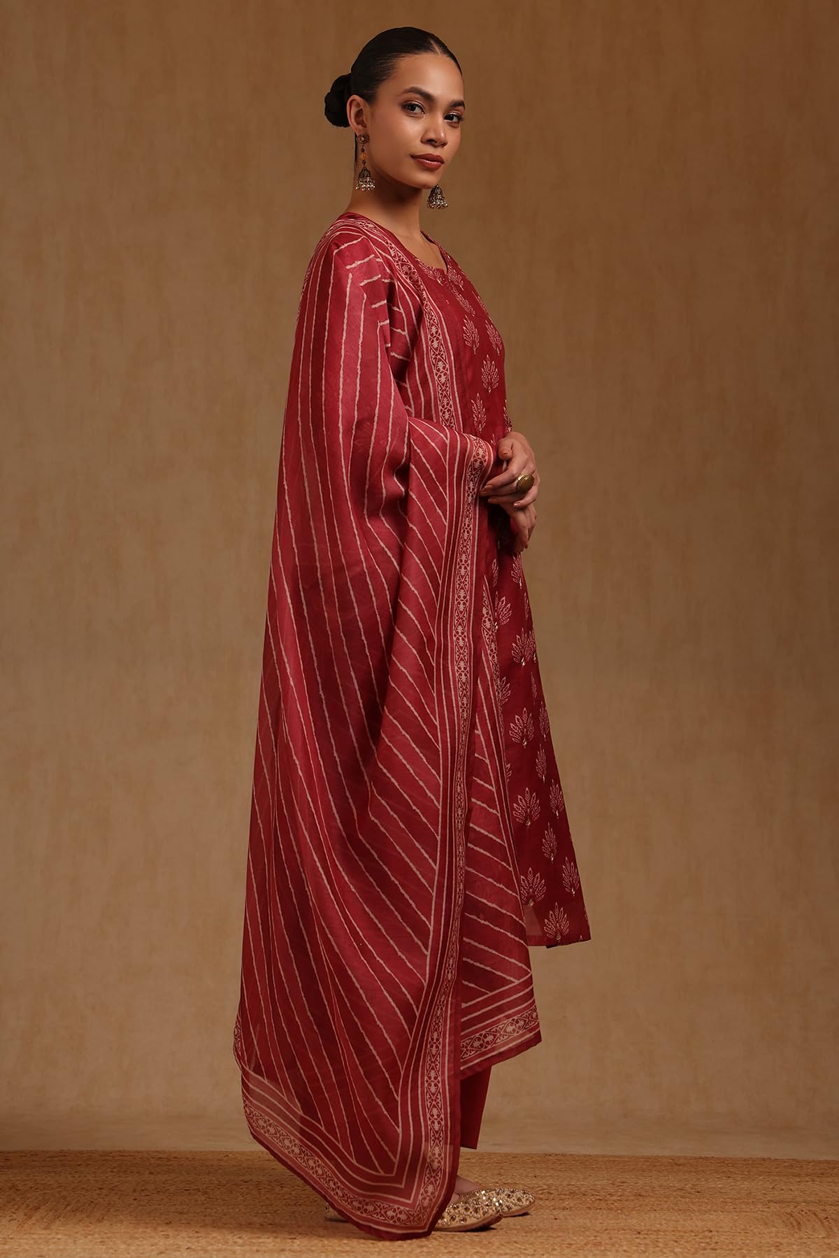 Soch Womens Brick Red Chanderi Floral Printed Salwar Suit With Zari