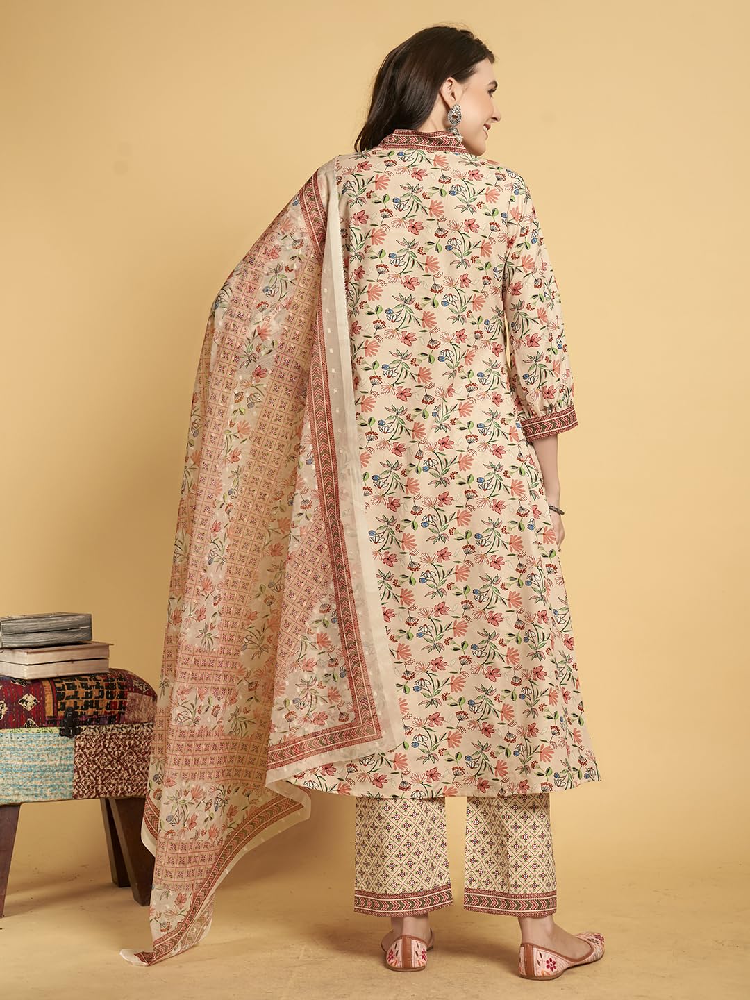 V4M Women's Peach Floral Printed A-Line Kurta Set | Kurta Pant With Dupatta
