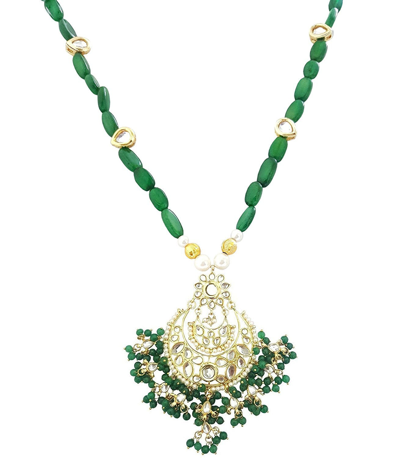 Mehrunnisa Gold Tone Kundan & Green Pearls Pendant Necklace Earrings Set With Simulated Emeralds & Free Kan Chain For Women (JWL1761)