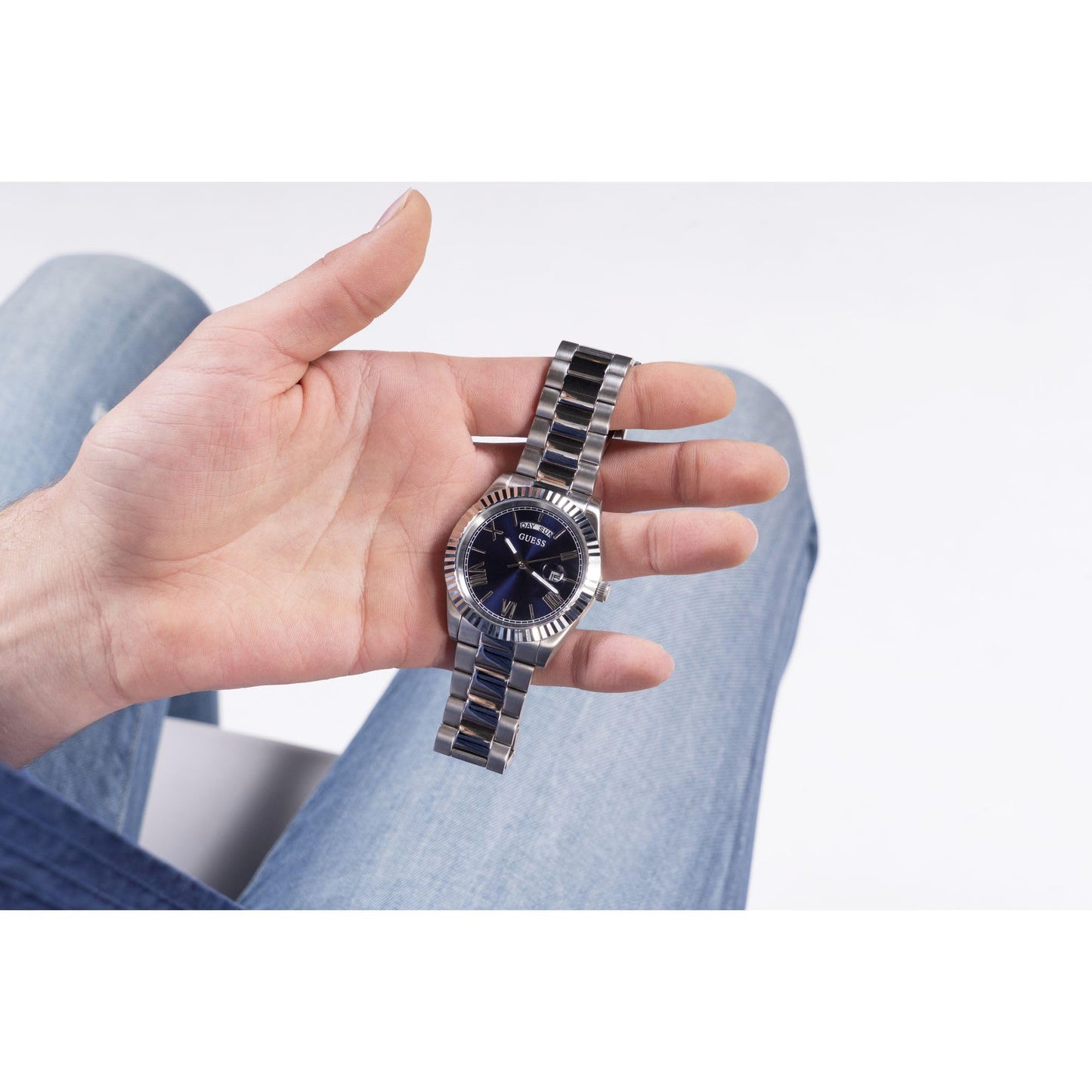 GUESS Stainless Steel Analog Blue Dial Men Watch-Gw0265G7, Silver Band