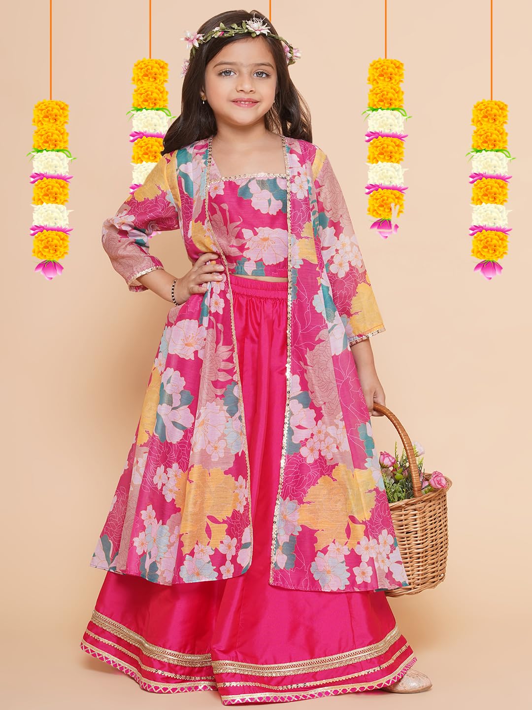 Bitiya by Bhama Girls Pink Floral Print Top & Shrug With Ready to wear Skirts
