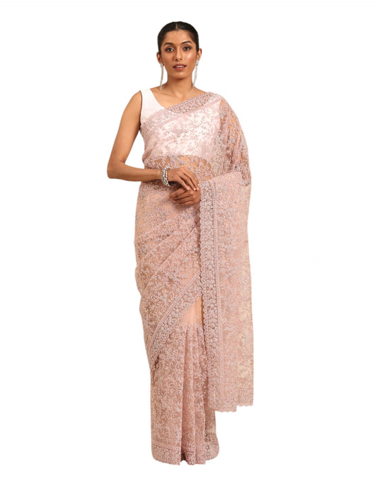 MOHEY Women's Pink Net Thread Work|Zari Saree (PINK)