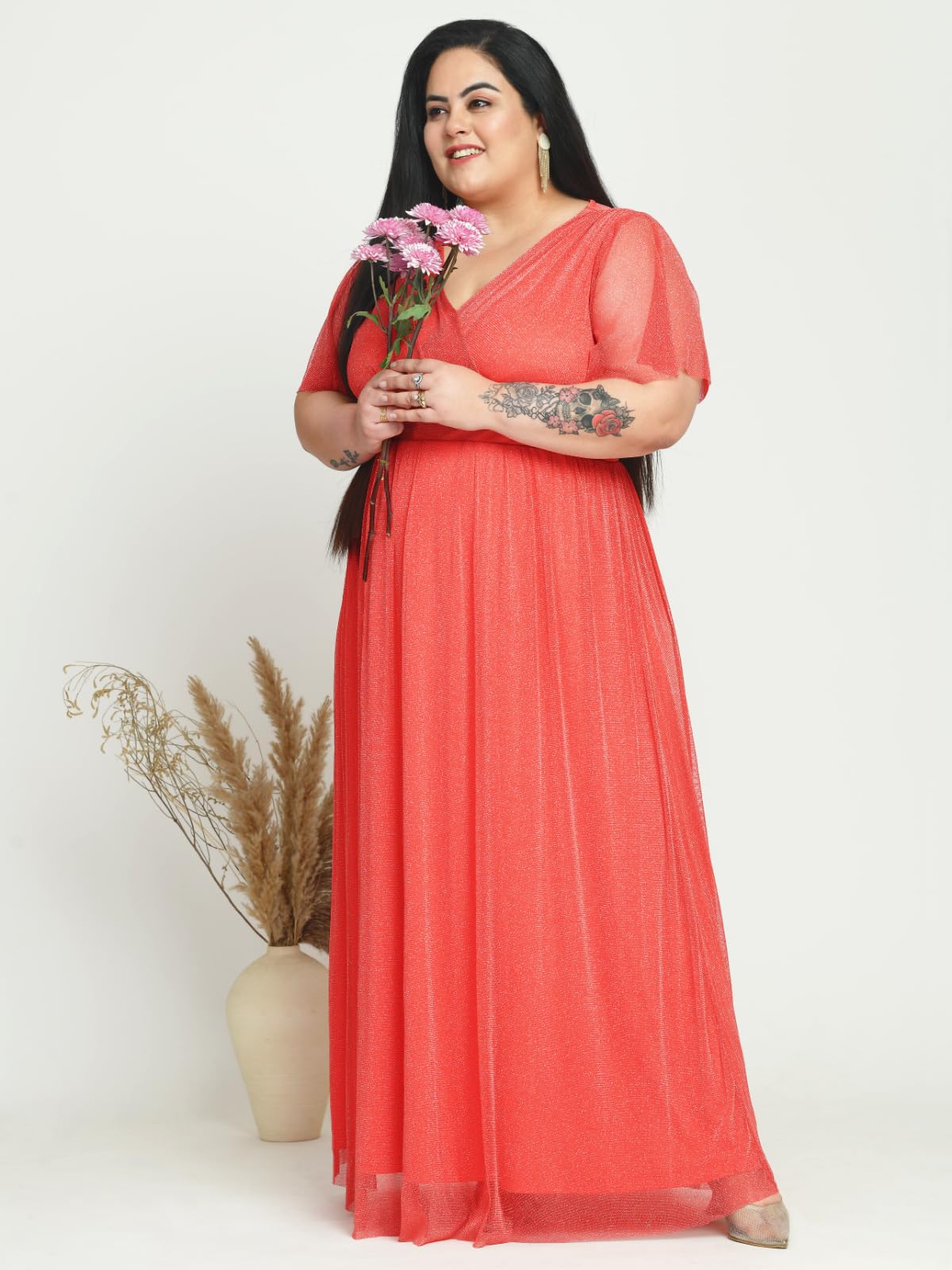 wild U Women Plus Size Cocktail Gown | Net | Stretchable | Shimmery | Western Stylish Dress (Rose Pink - 7XL)