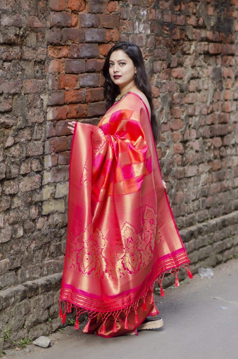 SGF11 Women's Kanjivaram Soft Silk Saree With Blouse Piece (Orange, Pink, Golden)