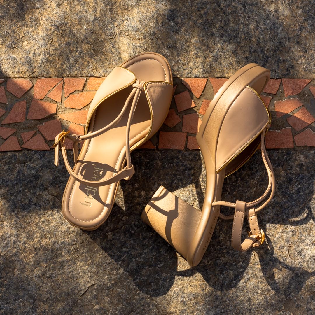 Indifeet Heels for Women Woman Stylish Sandals Ladies Latest Block Heel Chappals Girls Comfortable Party Sandal Female Fancy Peep Toe Chappal Footwear Women’s Trendy Fashion Slippers Cream Beige