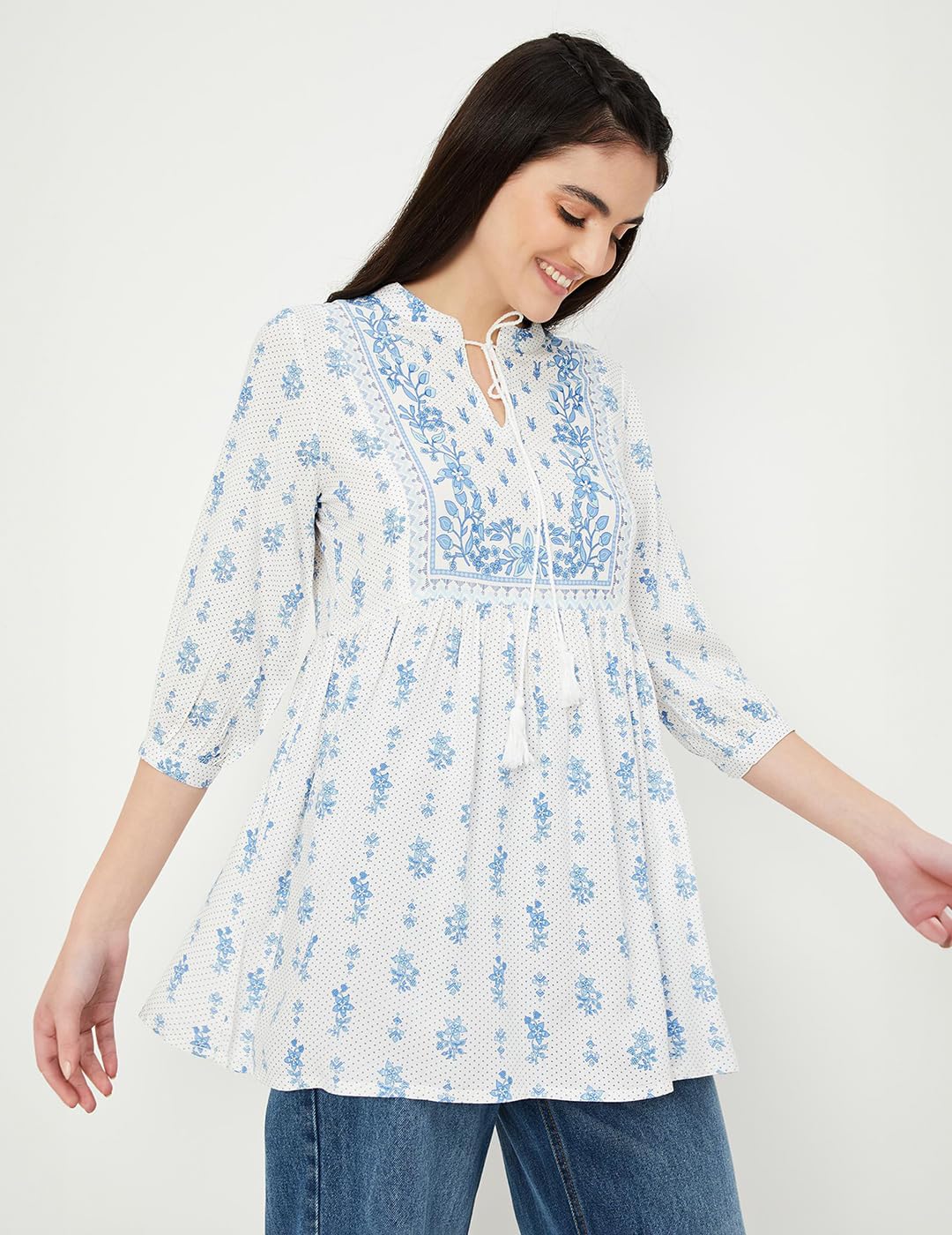 Max Women Printed Tie-Up Neck Tunic (INDIE41015OFF White)_L
