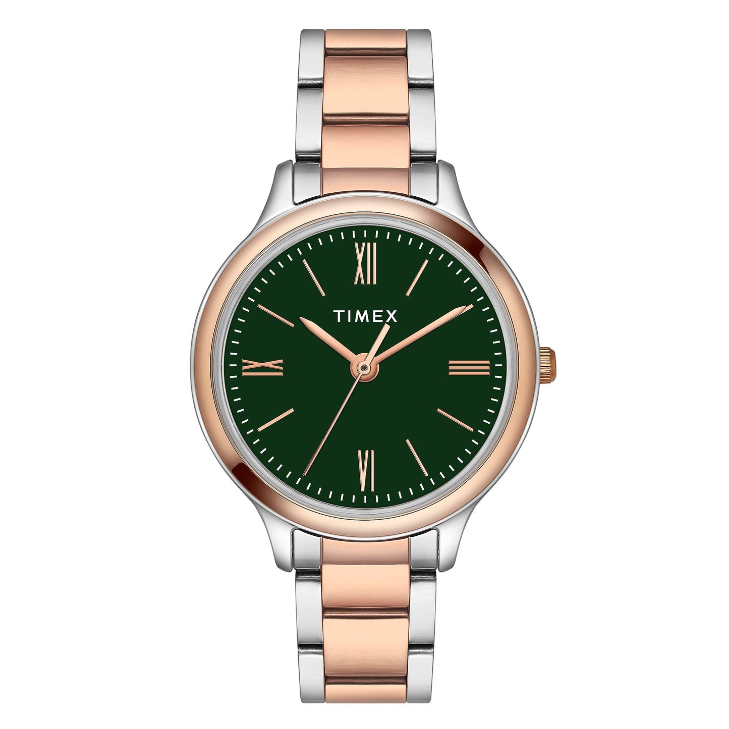 TIMEX Analog Watch for Women with Green Round Dial & Two Tone Stainless Steel Bracelet Band Water Resistant Women's Wrist Watches - TWTL121SMU04
