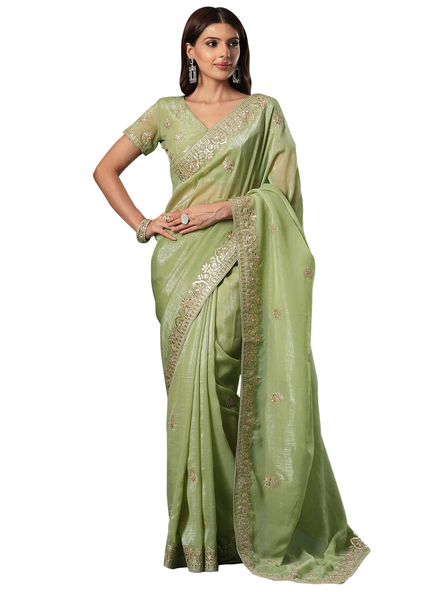SAREE MALL Women's Light Green Satin Silk Embroidered Saree With Unstitched Blouse (KRIYNS5001_KH)
