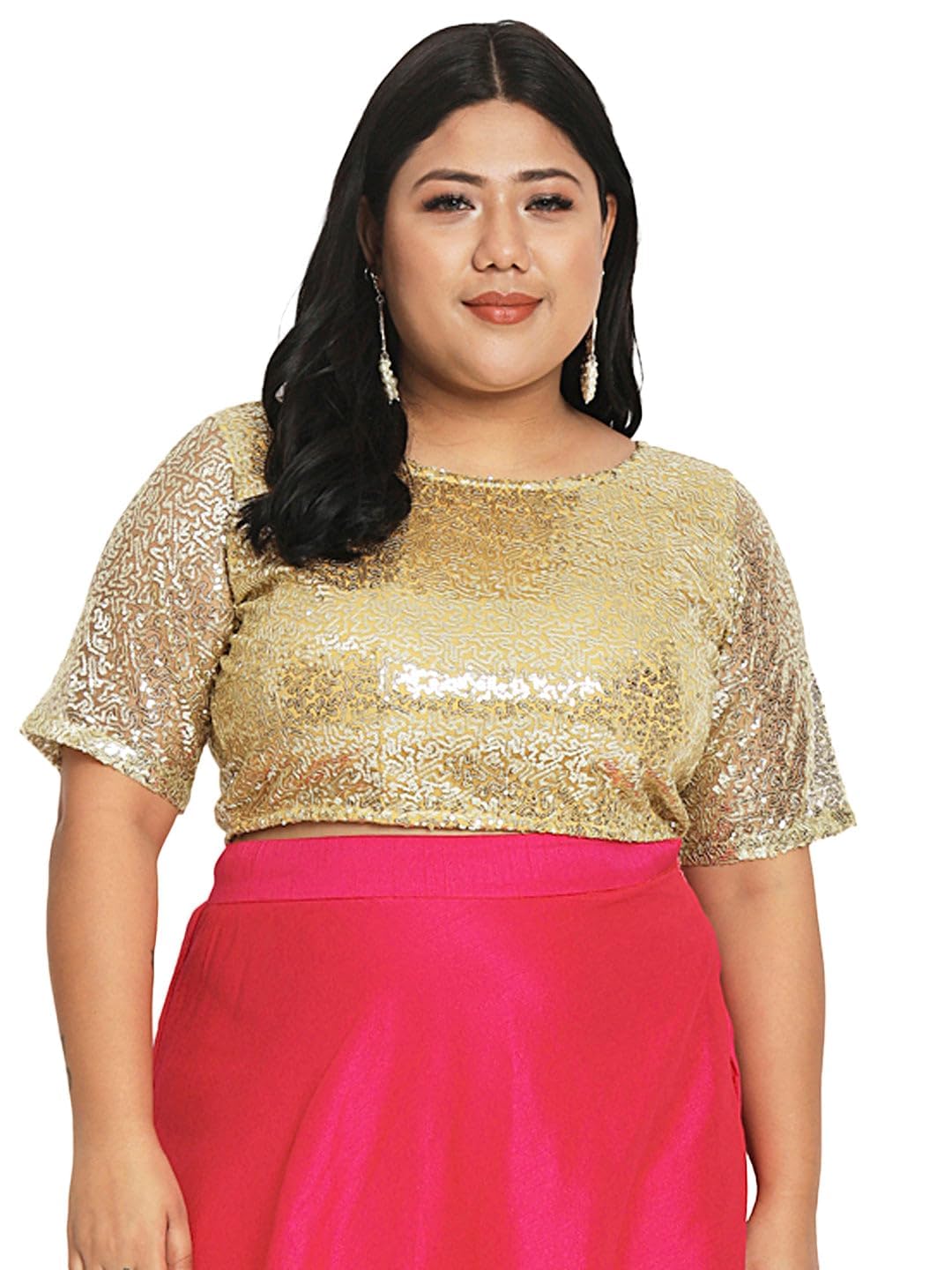 studio rasa Women's Plus Size Net Sequin Embroidered Sheer Sleeves Fitted Crop Top or Blouse For Wedding Festive Party (Tpwpc22316-5Xl_Bl_Gold_5Xl)