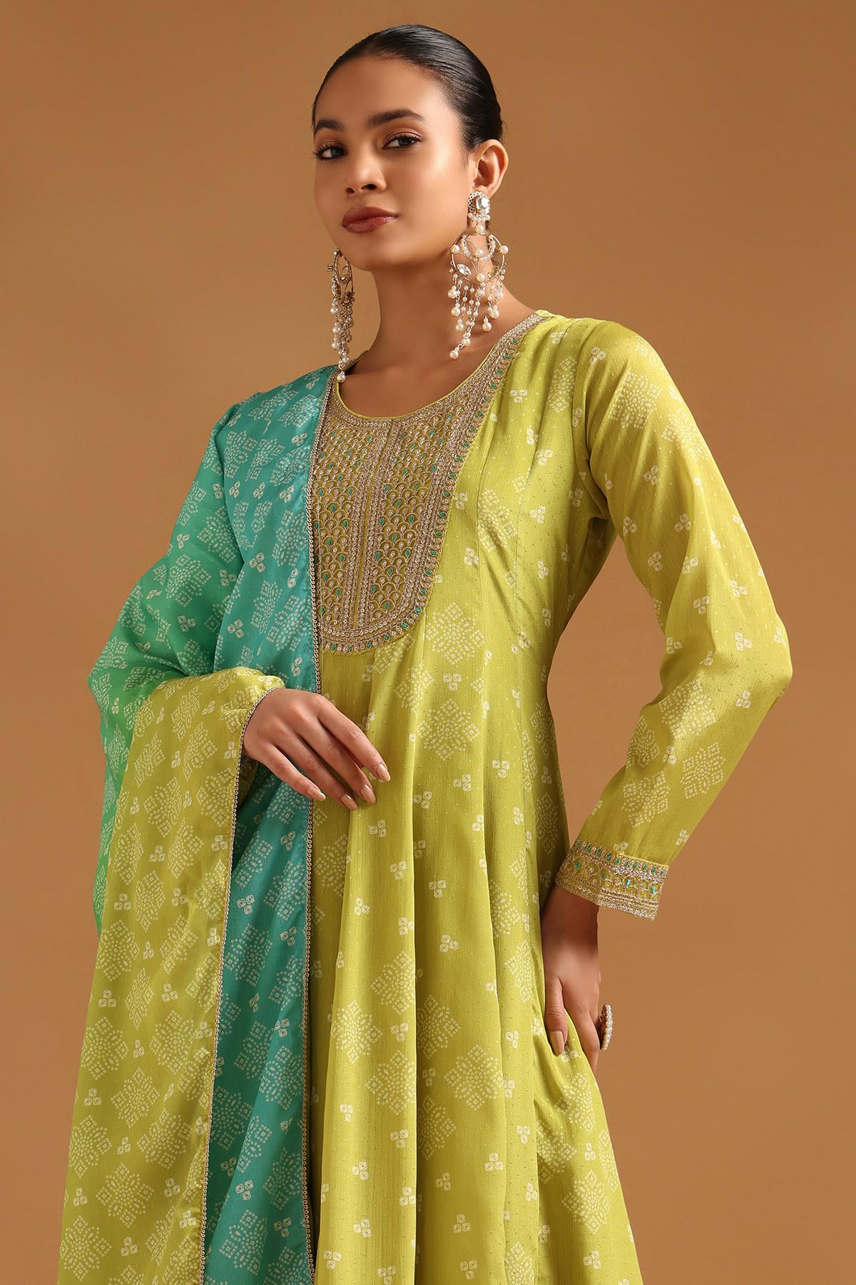 Soch Womens Green Poly Chinon Bandhani Salwar Suit With Sequence Work