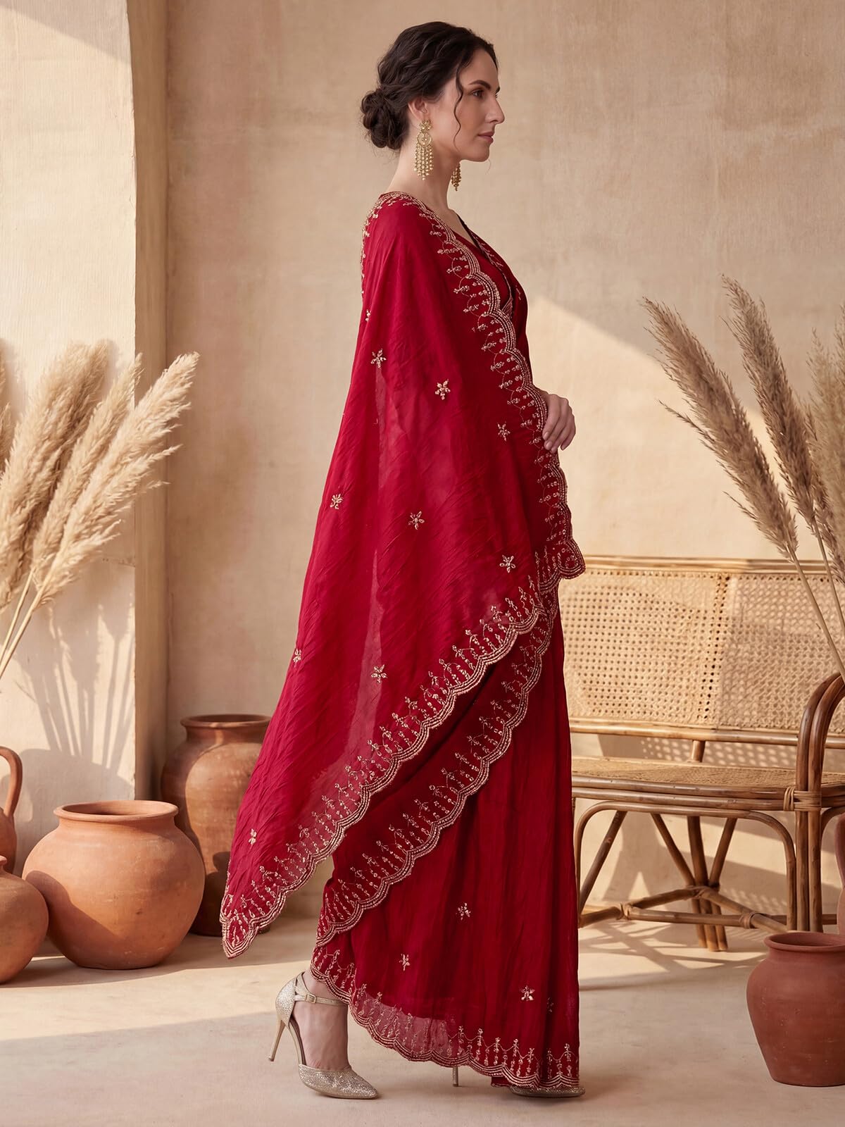 SIRIL Women's Crush Satin Scalloped Border Embellished Sequins Embroidery Saree with Unstitched Blouse Piece (4995S1162A_Red)