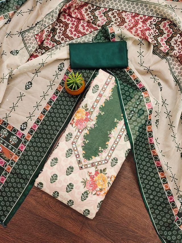 VARNI FABRICS Organza Dress Material for Women Multi Pattern Unstitched Woman Salwar Suit Dress Material With Organza Dupatta Green