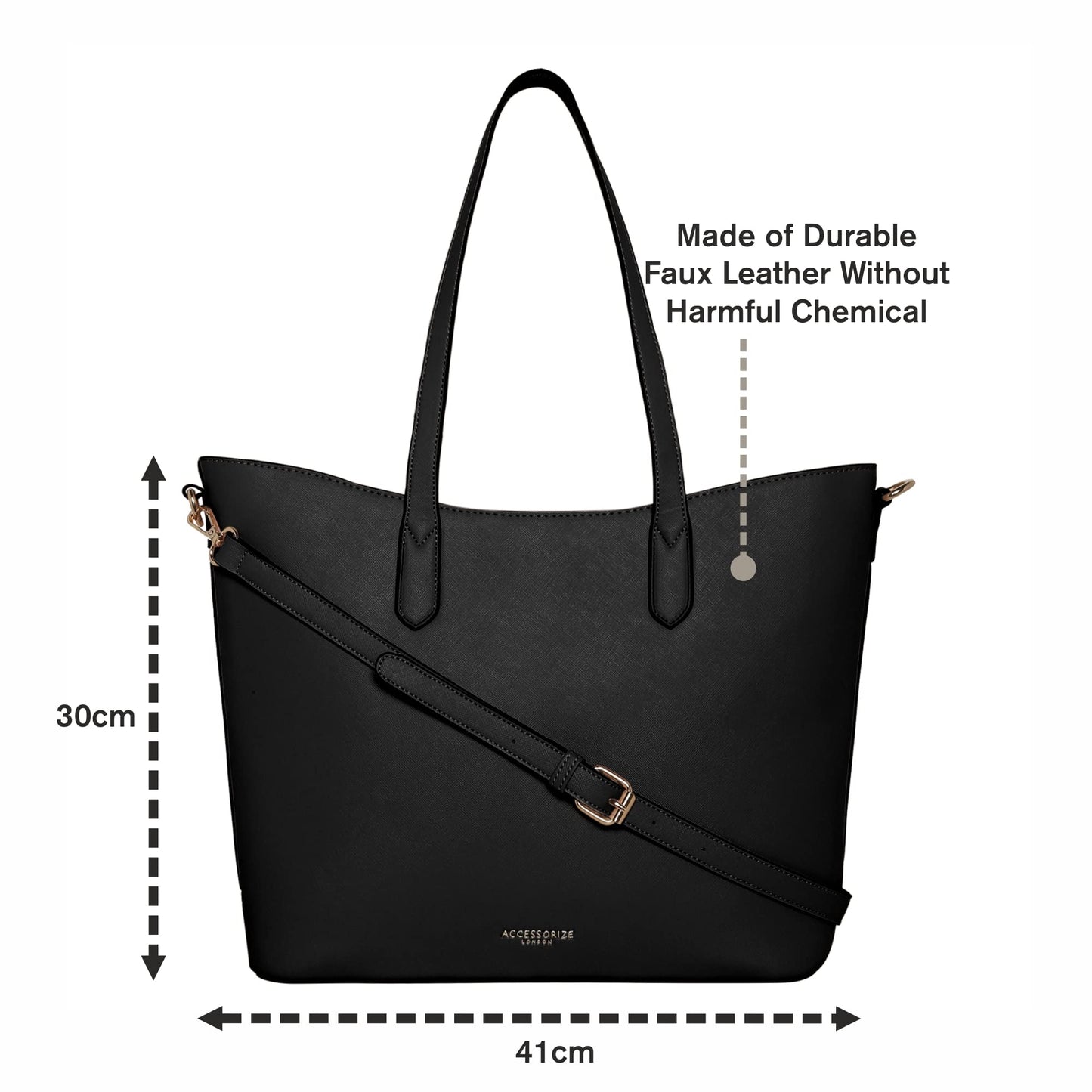 Accessorize London Women's Black Faux Leather Daffodil Bag |Big Size| Stylish Handbag for women with Zip Closure | Fit for Office Bag, College, Travel Use.