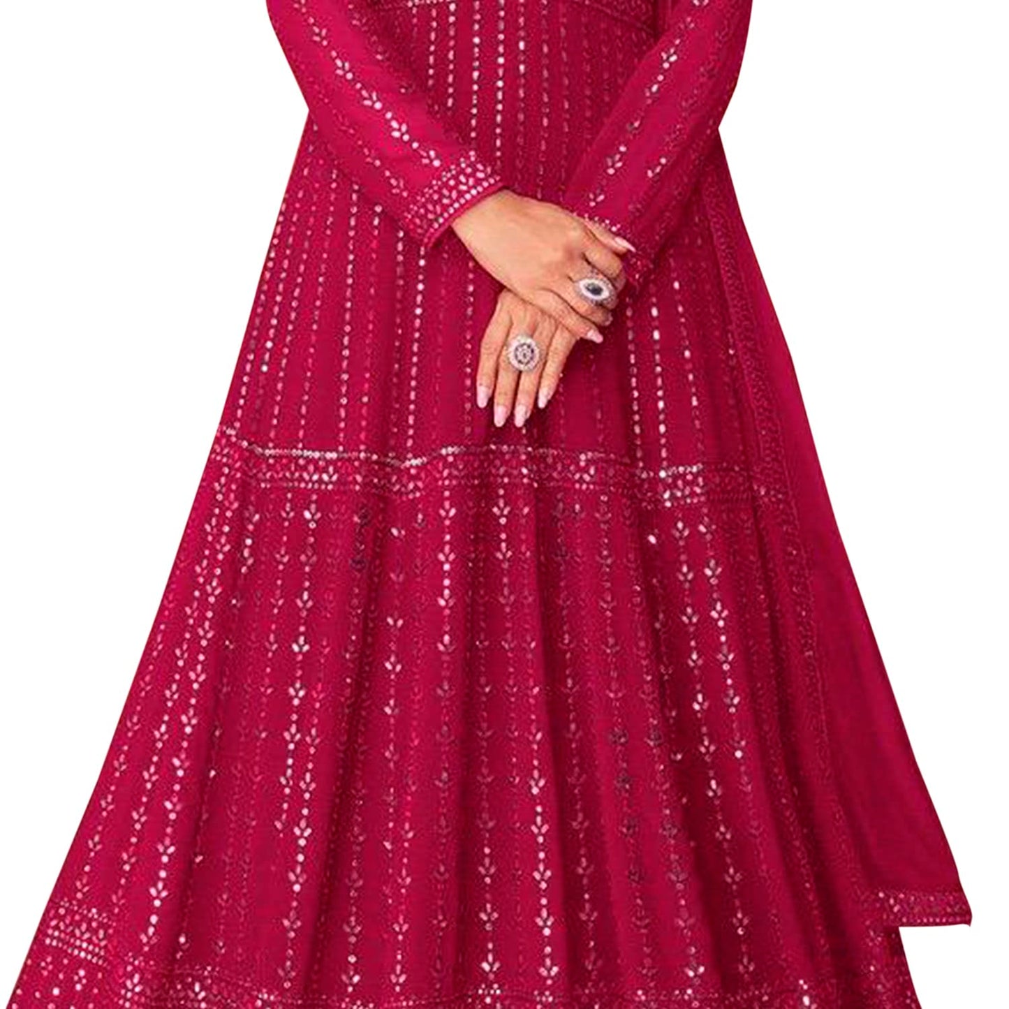 Miss Ethnik Women's Faux Georgette Full Sleeve Stitched Embroidered Floor Length Pink Anarkali Gown with Dupatta (ME-1106-Pink-L)