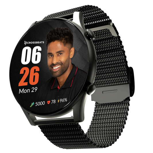 CrossBeats Apex Regal 1.43" Super AMOLED Always On Display Smart Watch with Bluetooth Calling, Metal Body, Fast Charge, 466×466 Pixel 3D Glass, AOD Display (Steel Mesh Strap - Black)