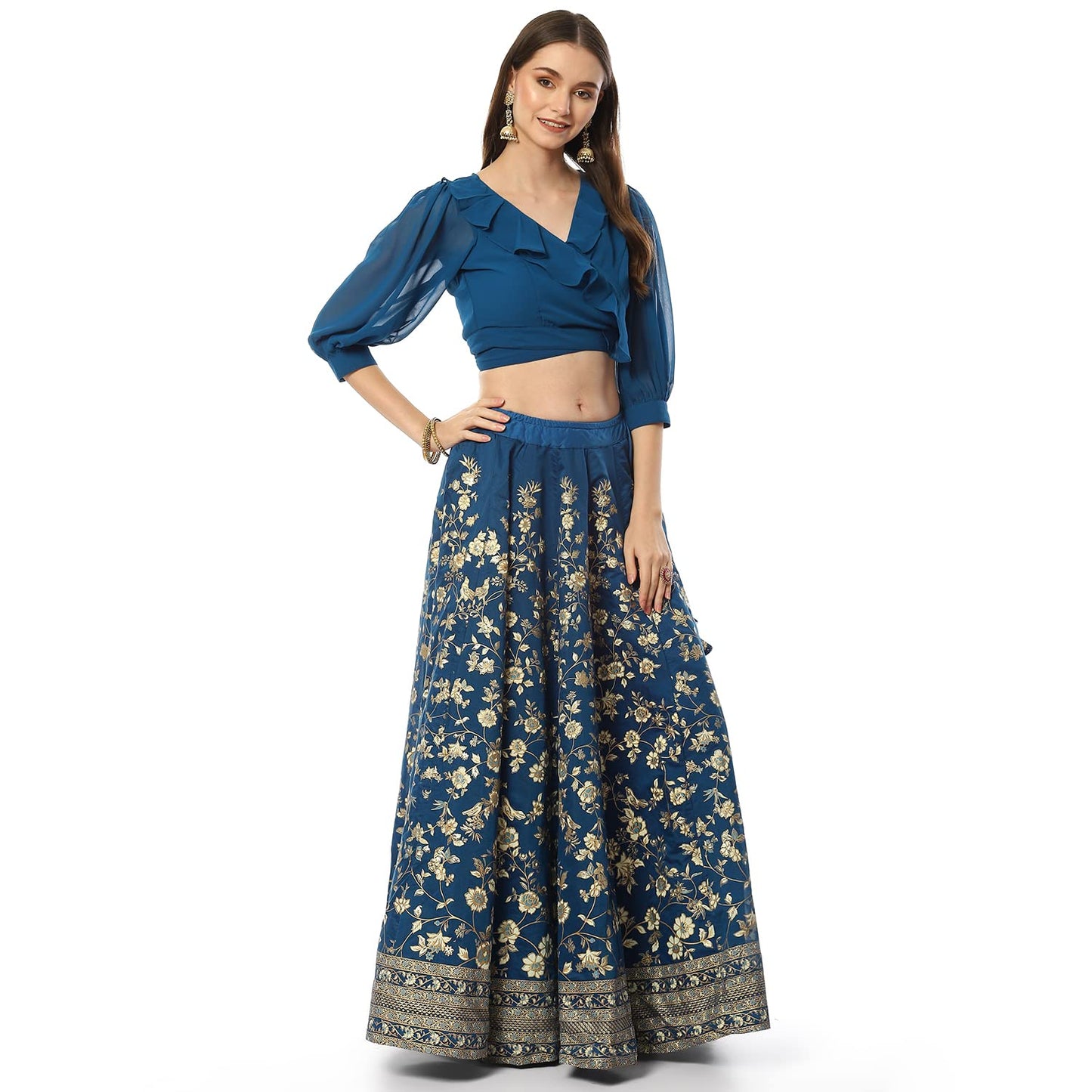 BIBA Women's Blue Art Silk Lehenga Set