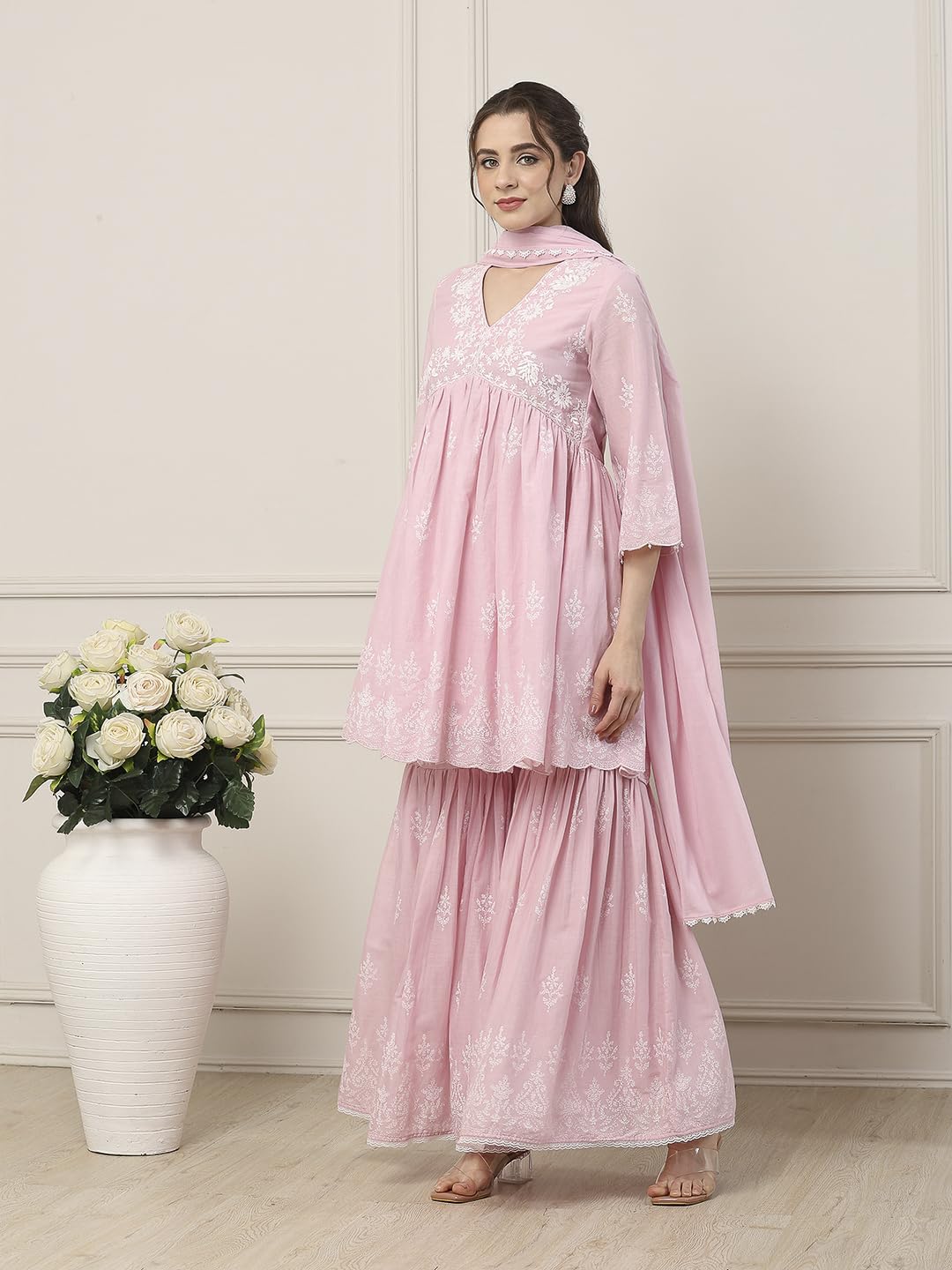 Biba Women Pink Cotton Gathered Suit Set_36