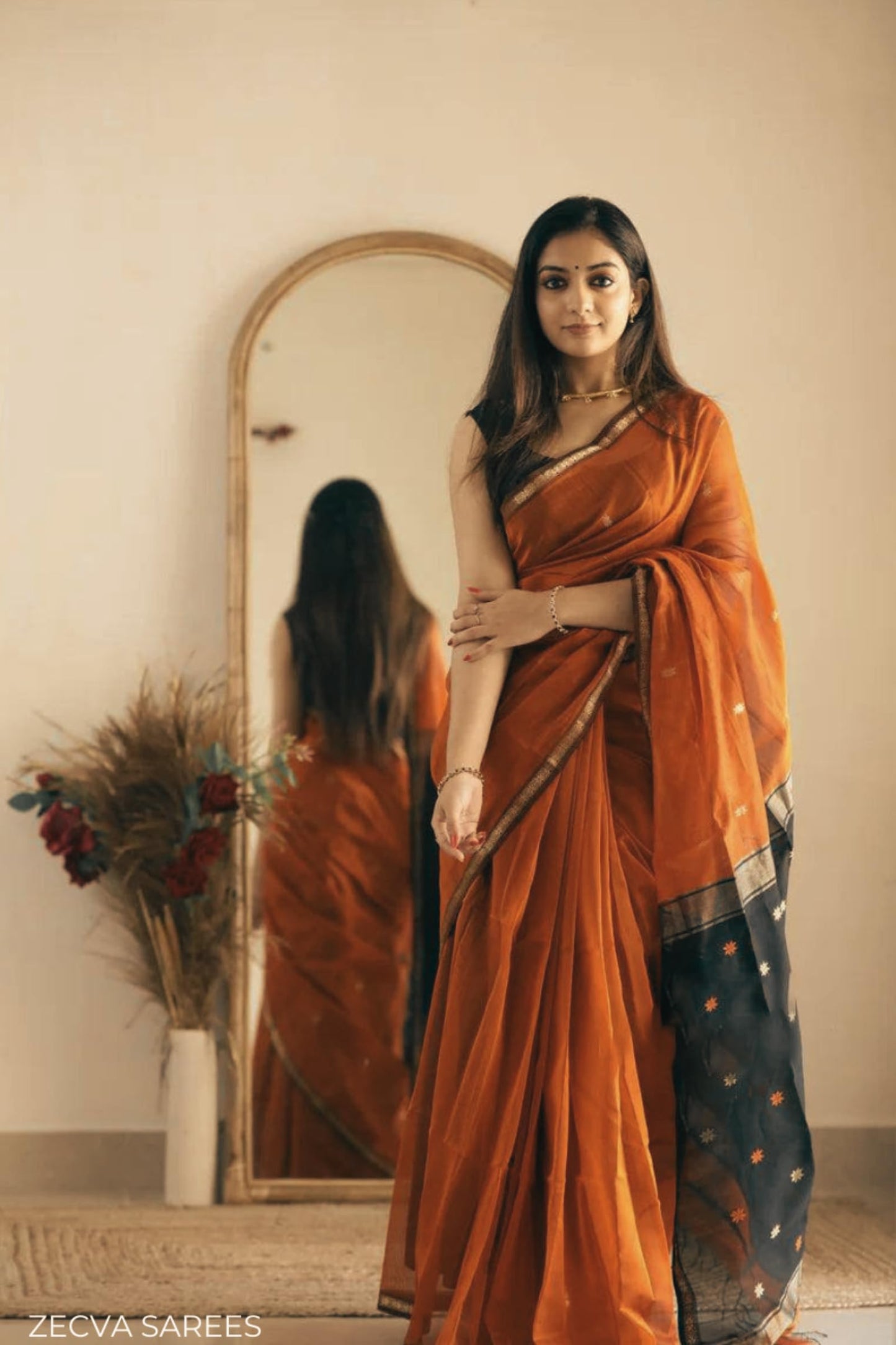 ZECVA Women's Pure Spun Linen Cotton Lichi Silk Saree With Attach Unstitch Blouse Piece (DARK ORANGE BLACK)