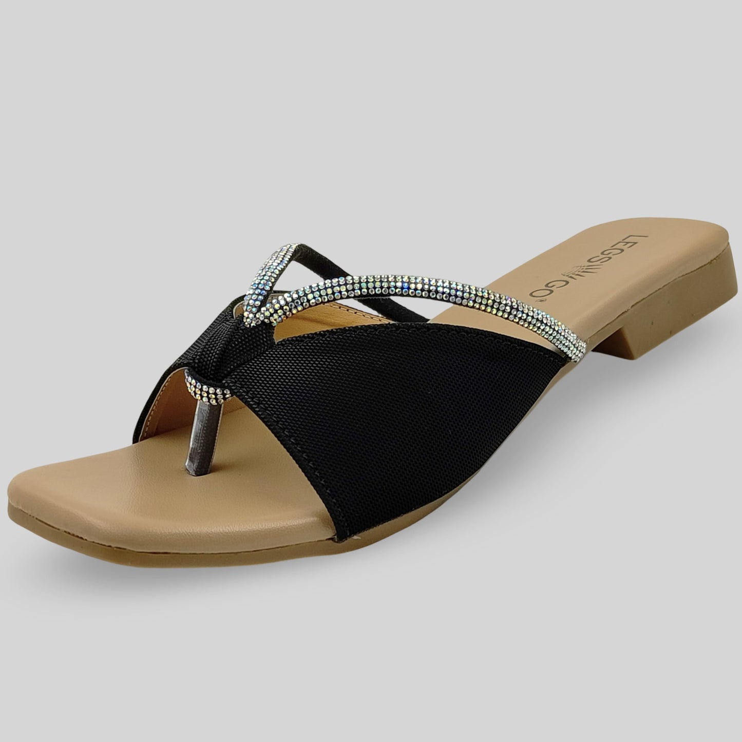 LEGS GO Women's Lavender Flat Sandals with Crystal Strap | Comfortable Slip-On for Casual & Occasional Wear (Black, UK Footwear Size System, Adult, Women, Numeric, Medium, 9)