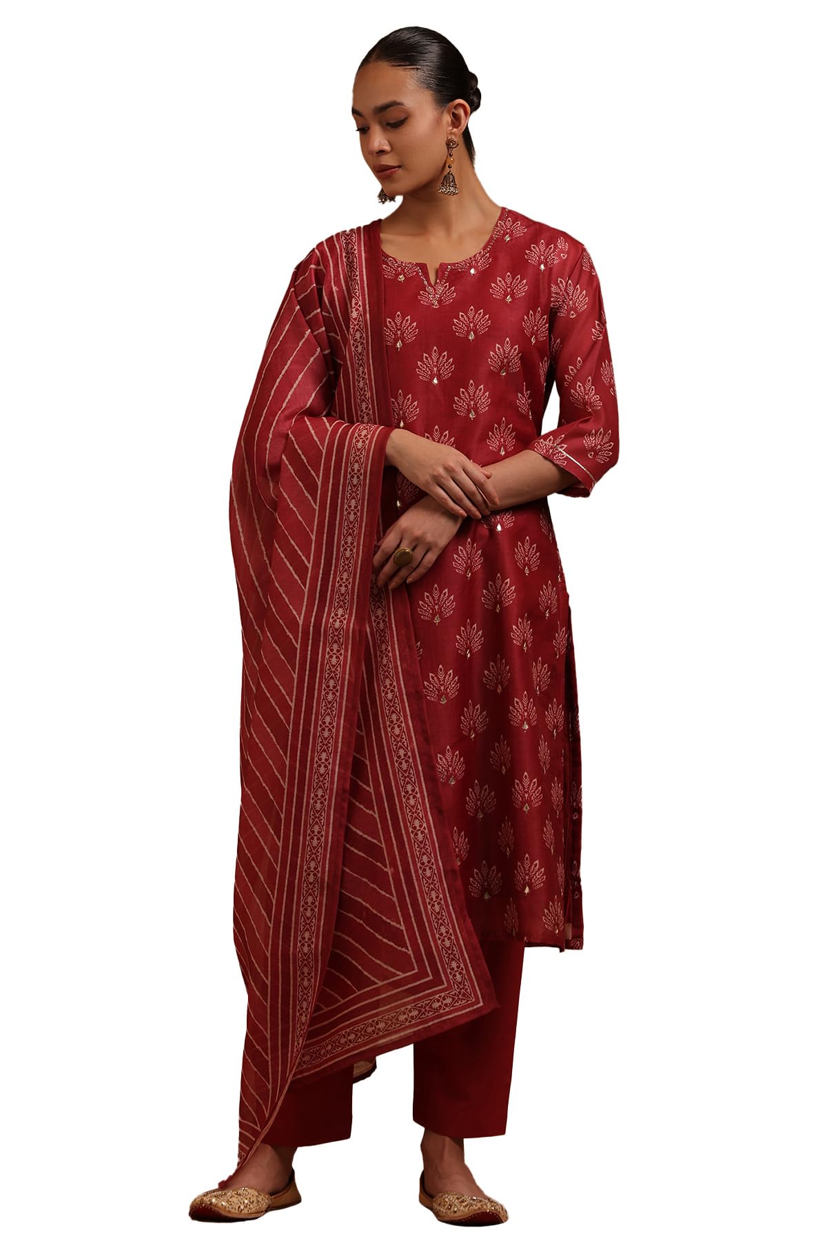 Soch Womens Brick Red Chanderi Floral Printed Salwar Suit With Zari