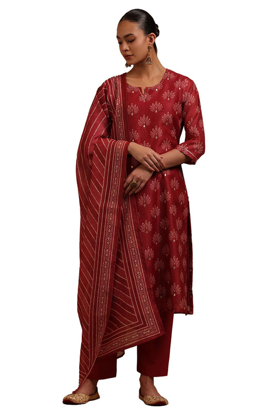 Soch Womens Brick Red Chanderi Floral Printed Salwar Suit With Zari