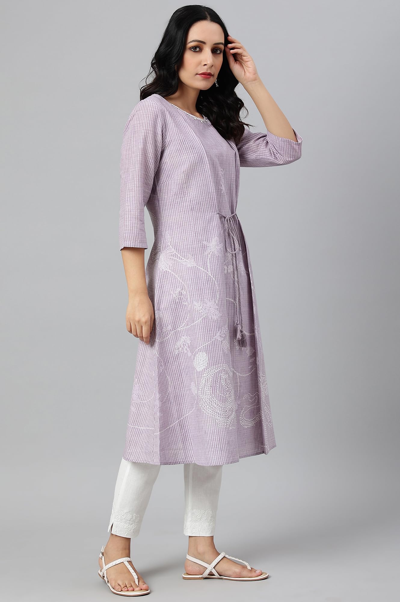 W for Woman Lilac Embroidered Mock Layer Kurta