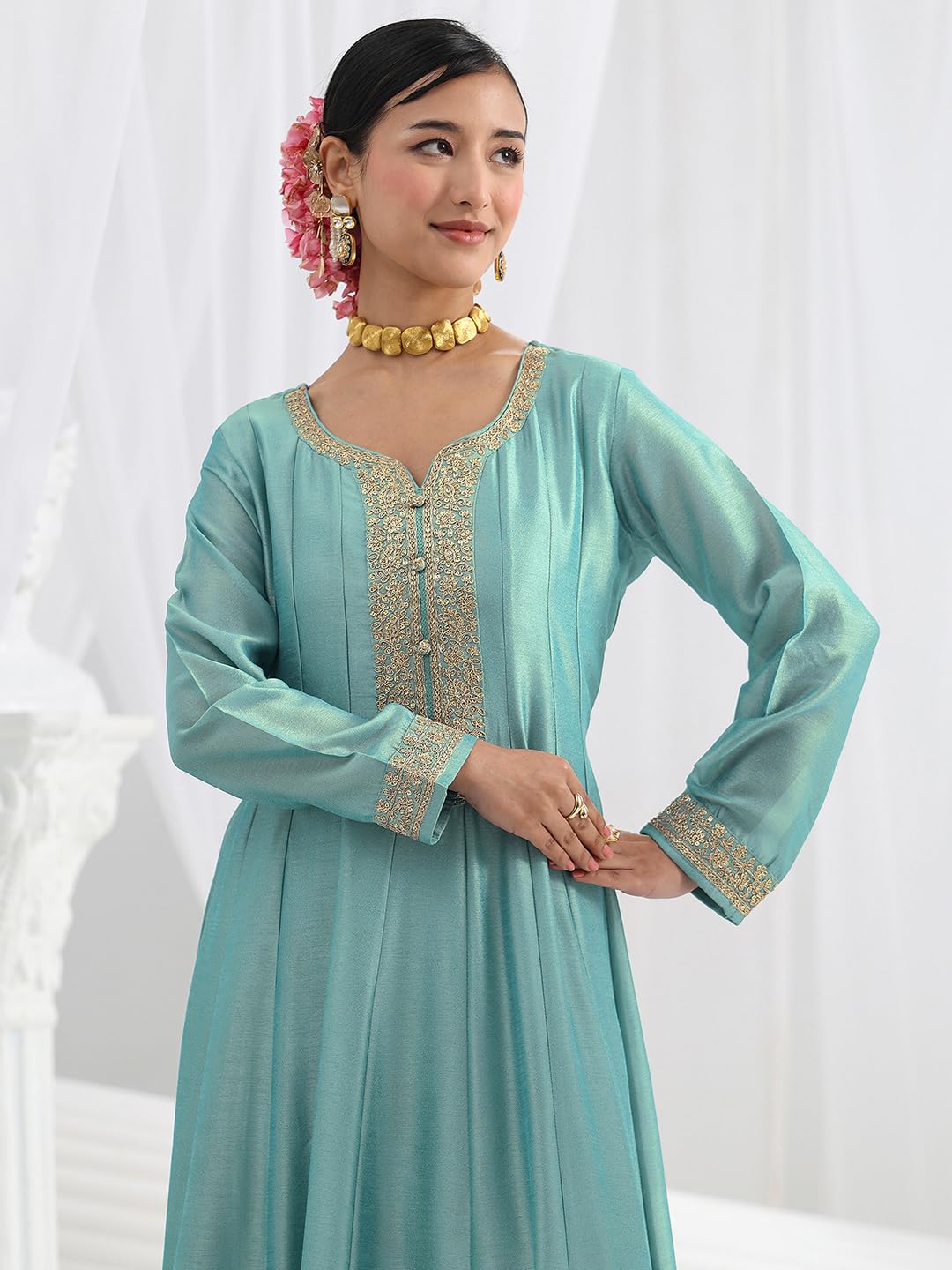 Libas Embroidered Silk Blend A-Line Ethnic Dress with Dupatta-93613XL