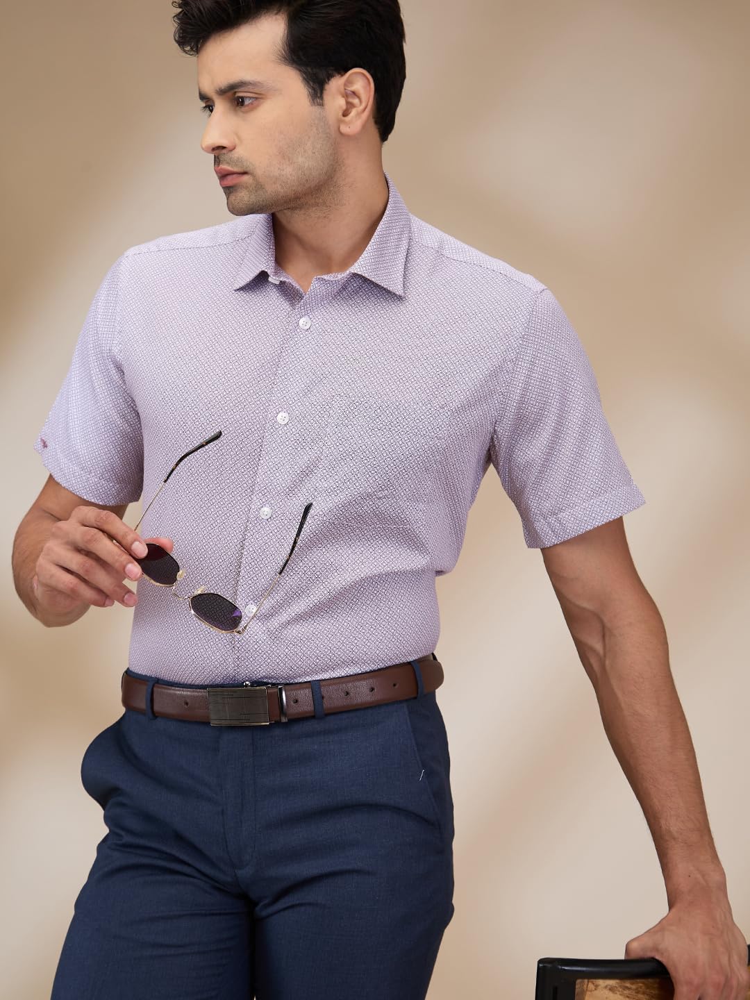 Park Avenue Men Regular Fit Print Pattern Pure Cotton Semi Cutaway Collar Half Sleeve Formal Shirt (Size: 39)-PMSL18534-V5 Medium Violet