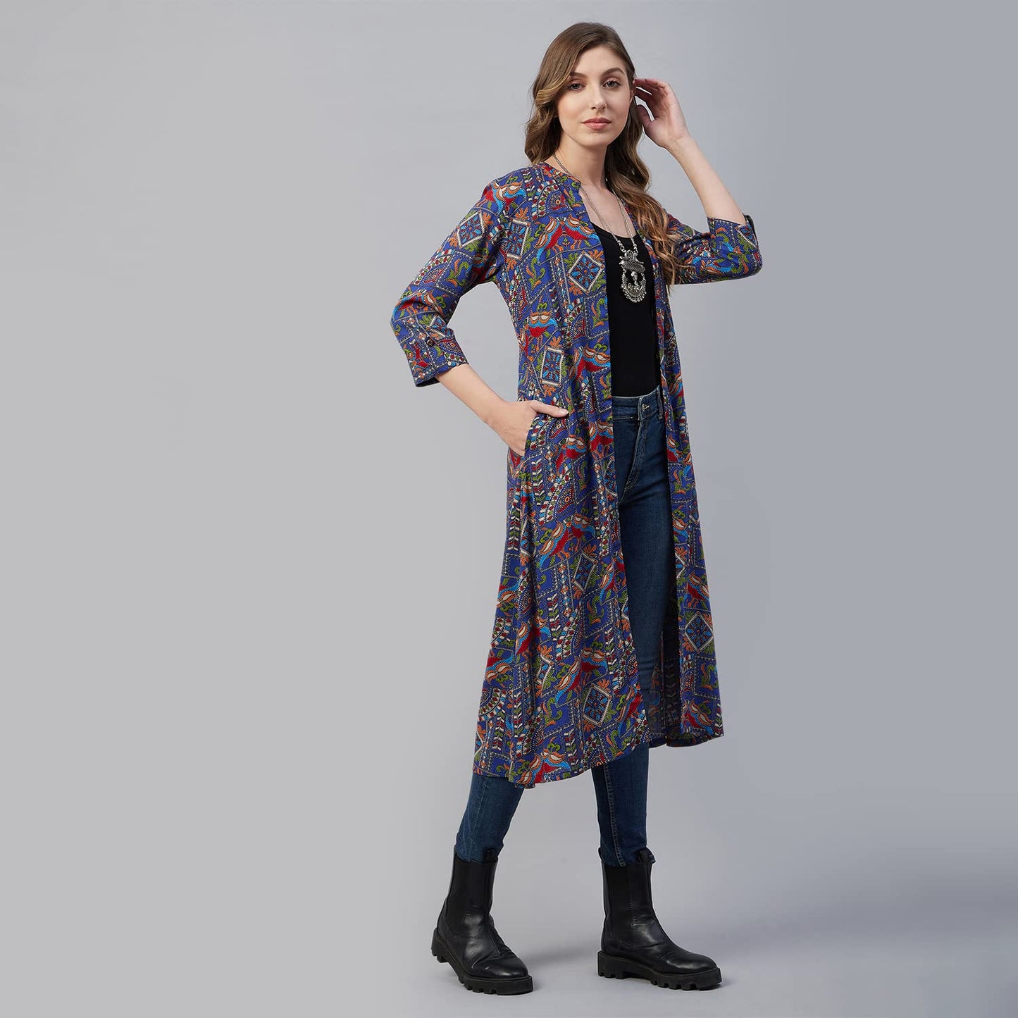 Azira Rayon Front Open Longline Printed Shrug For Women And Girl Red