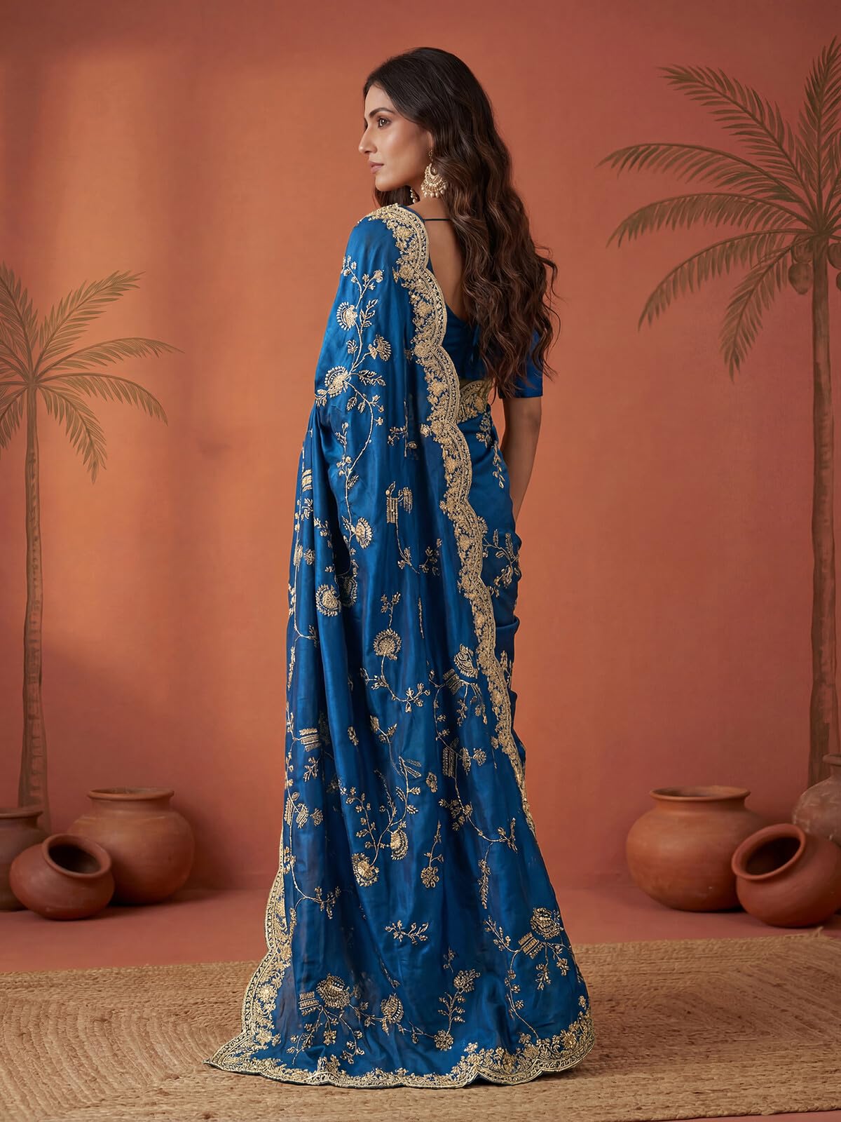 SIRIL Women's Satin Scalloped Border Embellished Sequins Embroidery Saree with Unstitched Blouse Piece (4858S171A_Teal Blue)
