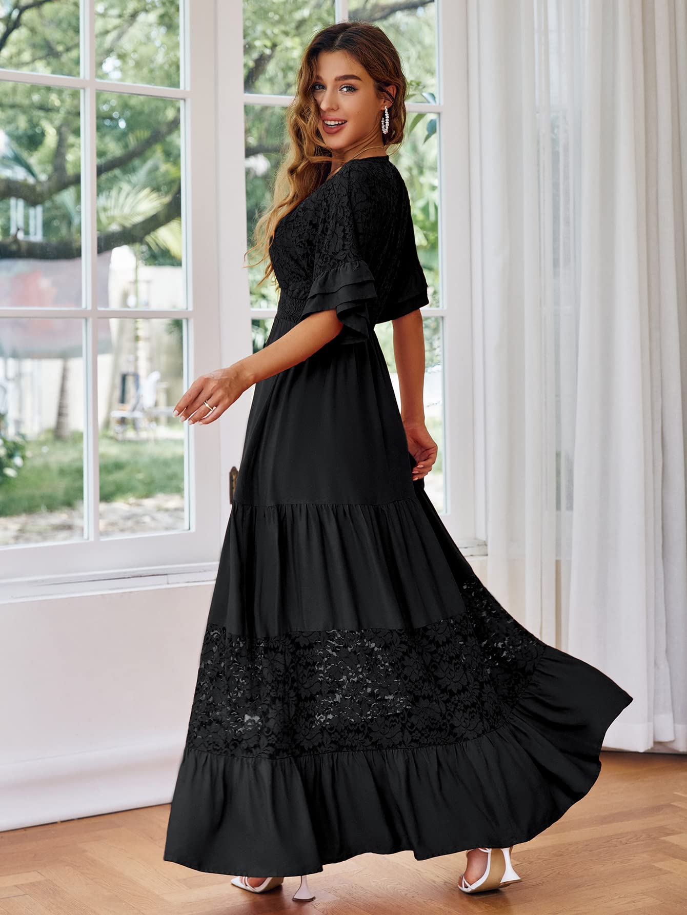 Simplee Women V Neck Formal Lace Maxi Dress Ruffle Flowy Short Sleeve Boho Wedding Guest Party Summer Long Dress, Lace_black, X-Large