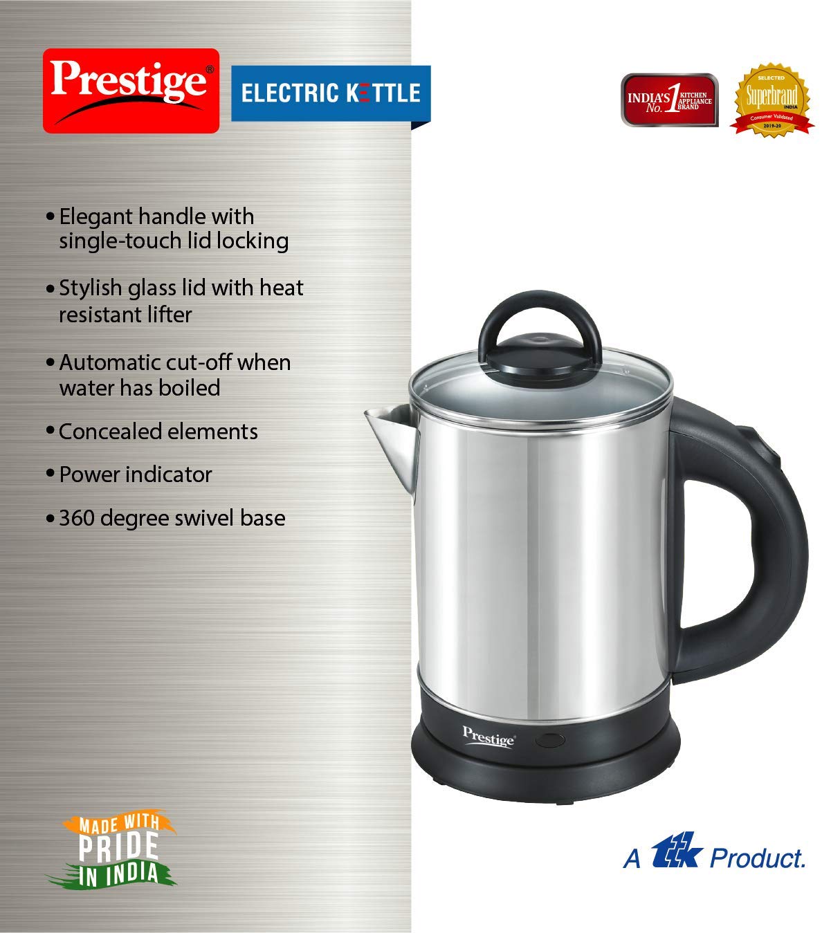 Prestige 1.7L PKGSS Stainless Steel Electric Kettle | 1500 Watts | Glass Lid with heat resistent handle | Single Touch lid locking |Automatic Cut Off | Silver