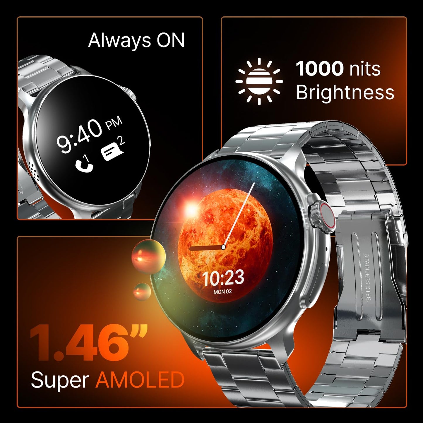 CrossBeats Aura Round 1.46" Super AMOLED Metal Smart Watch, Always On, Advanced AI ENC Bluetooth Calling, in-Built Games, Fast Charge, Rotating Crown, 123+ Sports Modes, 454 × 454 Pixel