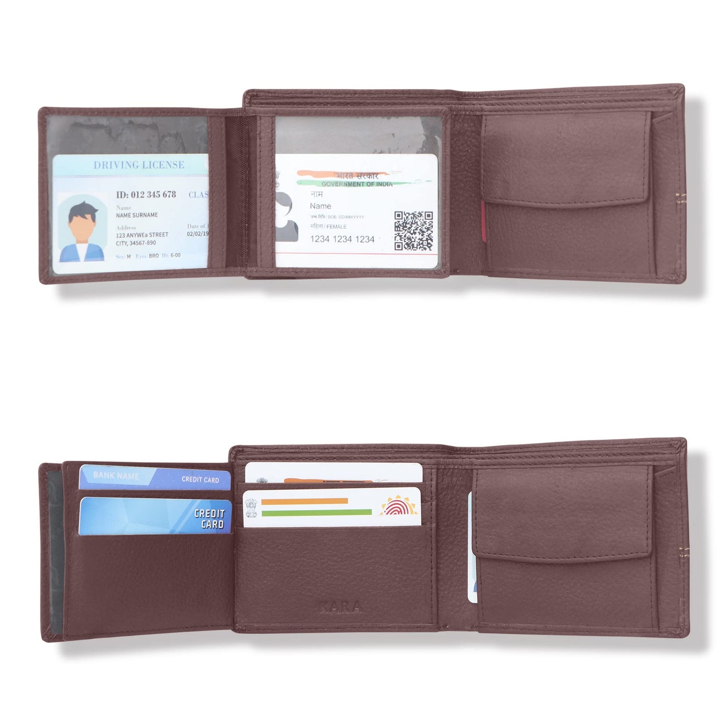 KARA Genuine Leather Maroon Wallet for Men - Bifold Contrast Stitch Men's Wallet with 7 Cards Slots